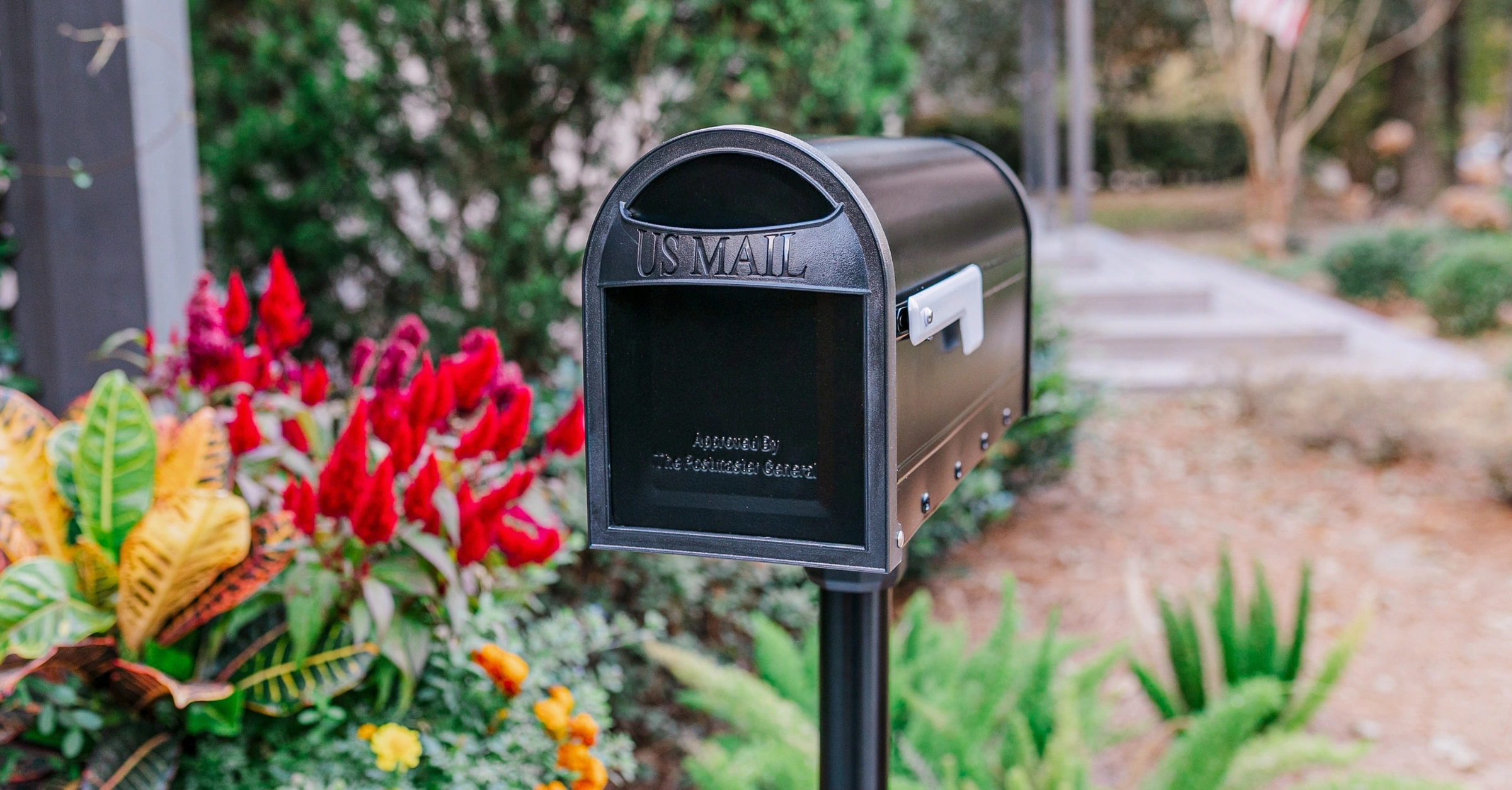 Black US Mail mailbox on a post beside a colorful garden with red flowers and green foliage in a residential yard.