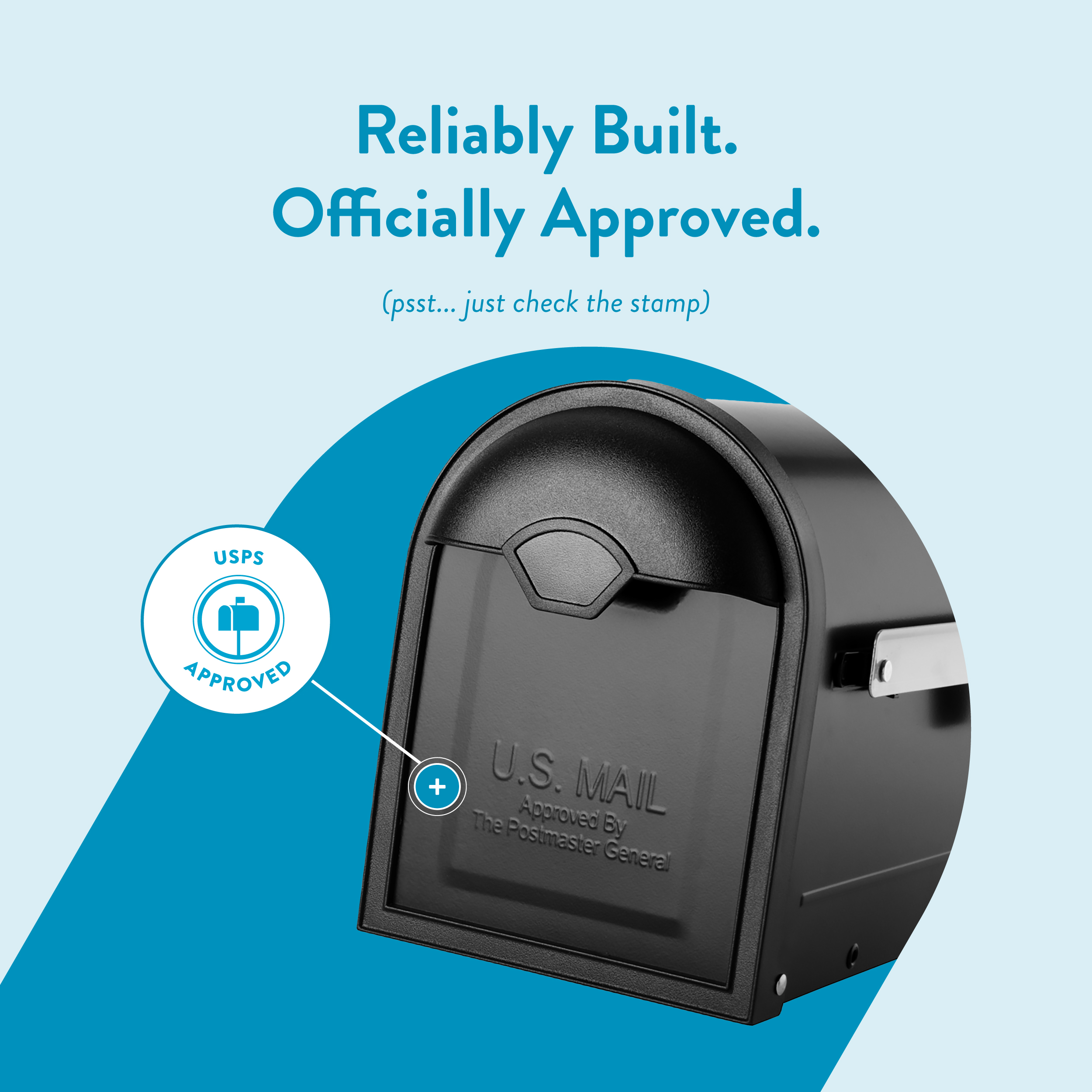 Promotional image showing a black U.S. mailbox with a USPS Approved stamp badge and blue curved background, implying reliability and official approval.