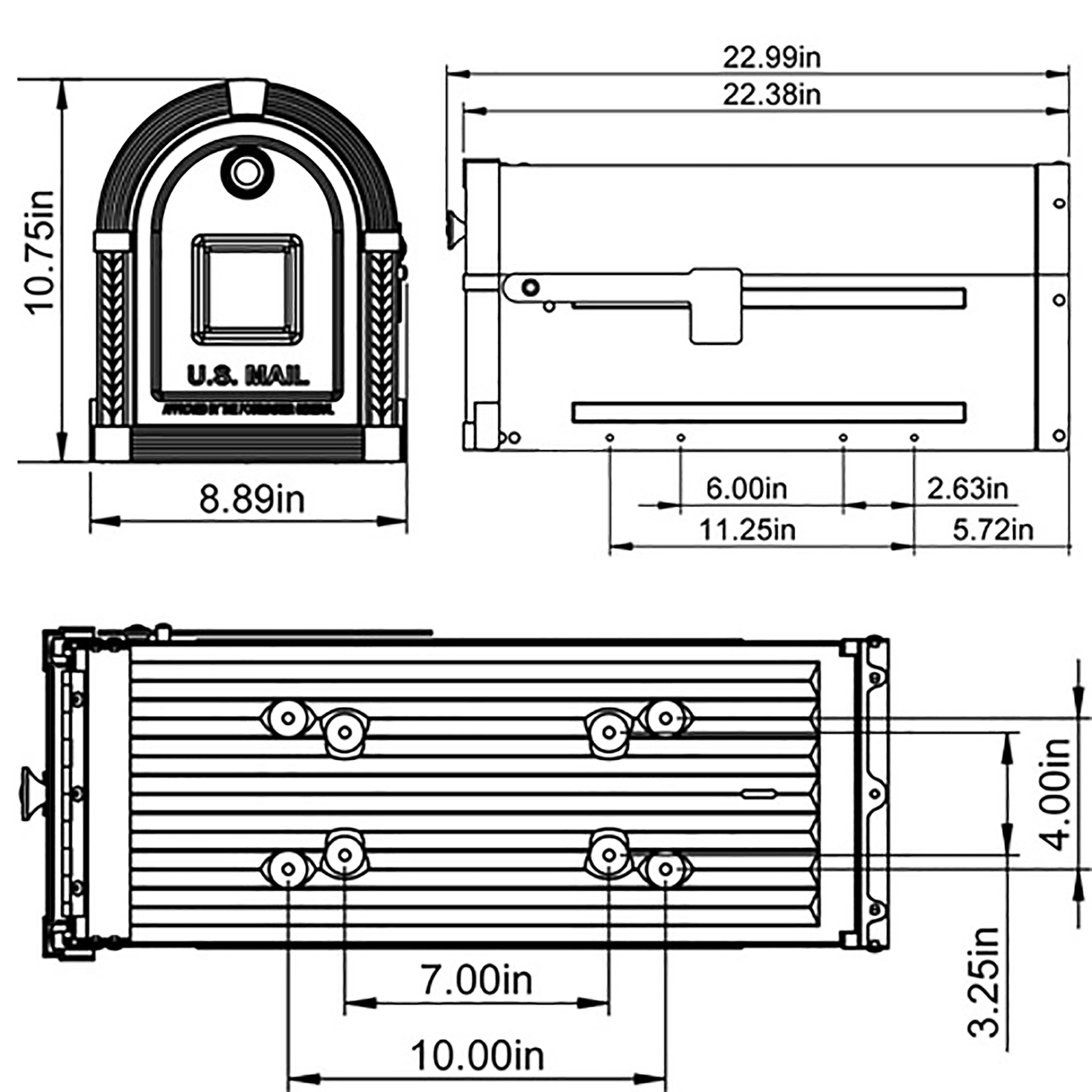 Technical drawing of a U.S. Mail locking mailbox with front, side, and bottom views and dimensions (10.75 in tall, 8.89 in wide; ~22.99 in long).