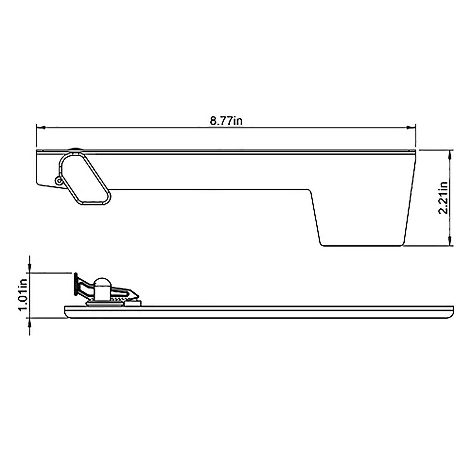Technical schematic of a small wall-mounted sliding drawer or shelf with side and profile views, labeled 8.77 in long and 2.21 in tall, showing a mounting bracket on the left.