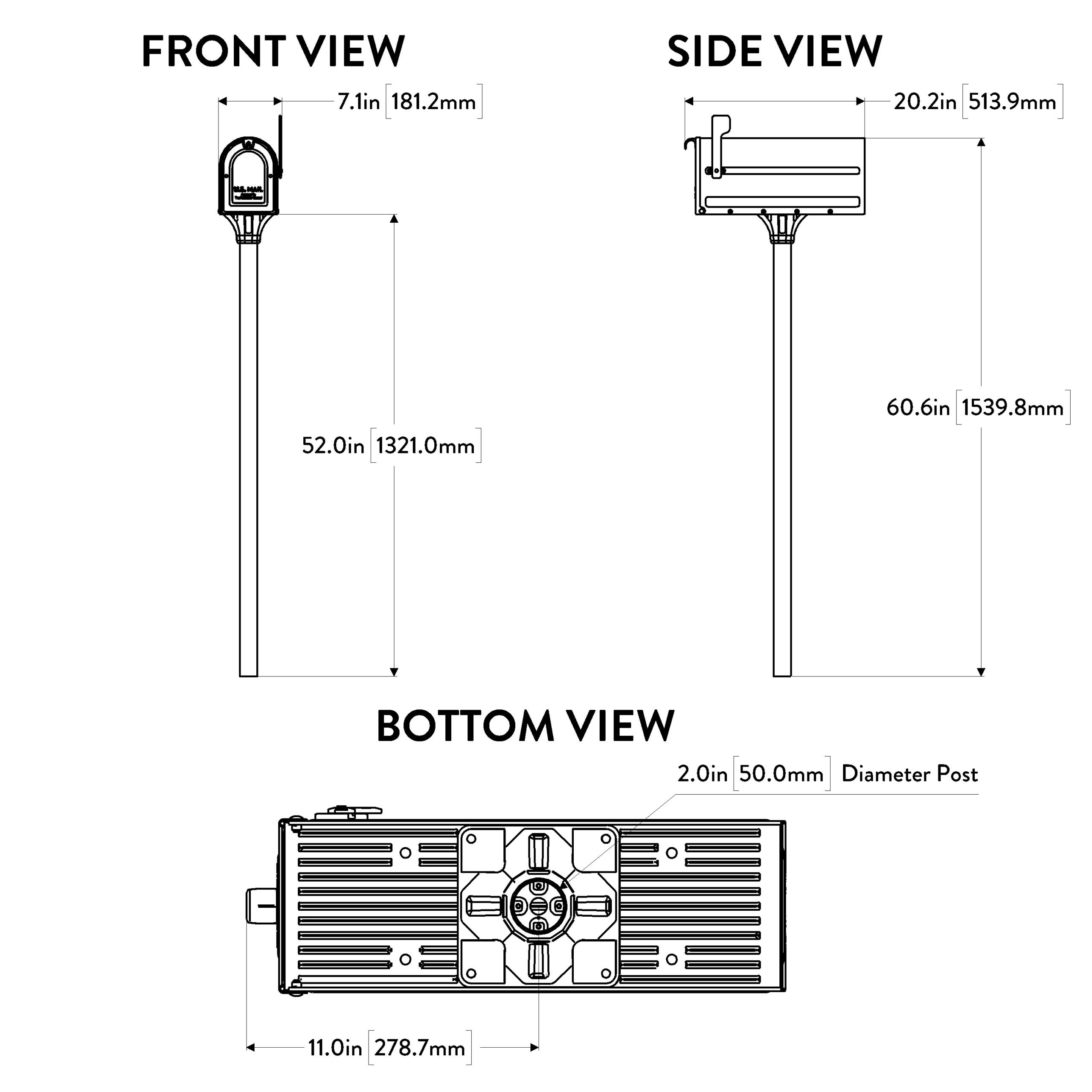 Technical drawing of a tall post with clamp head, showing front height 52 in and top width 7.1 in; side height 60.6 in and depth 20.2 in; bottom width 11 in with a 50 mm post diameter.