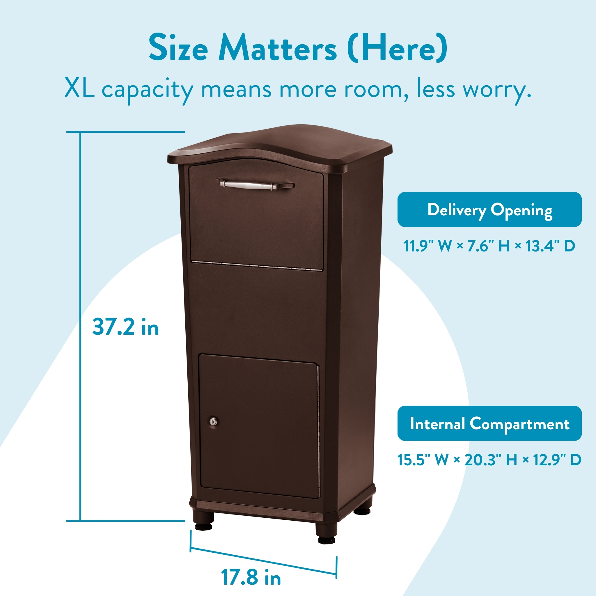 Infographic featuring a brown outdoor stove with blue measurement lines showing dimensions (17.8 in wide, 37.2 in tall).