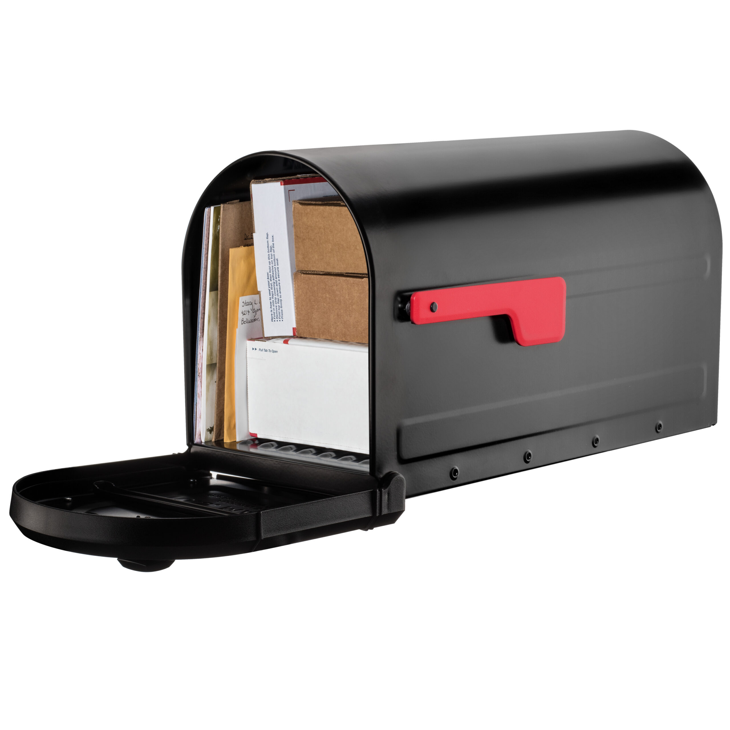 Black metal curbside mailbox with a red flag, open front door, containing letters and small parcels.