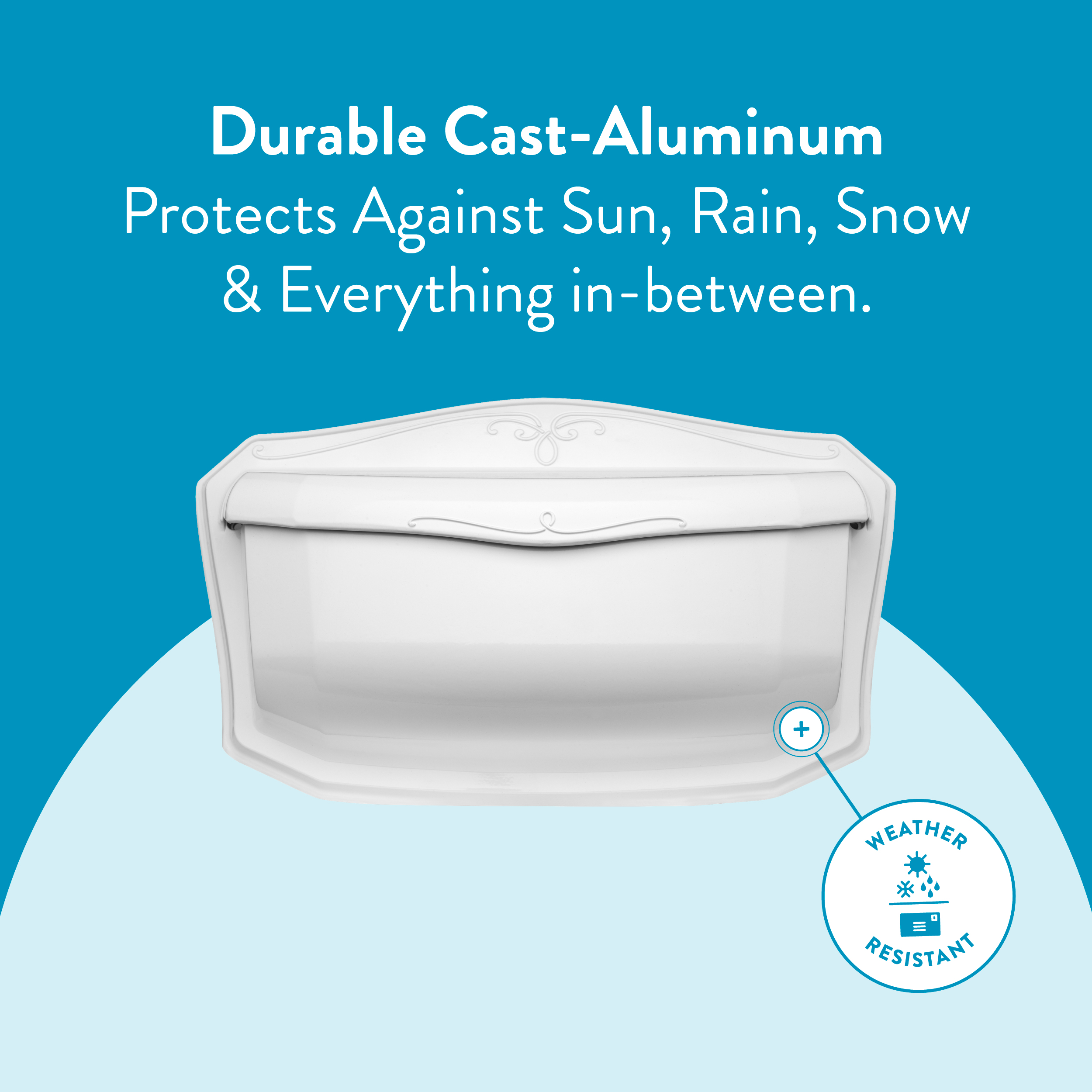 Durable cast-aluminum mailbox on a blue background with a weather-resistant badge in the corner, highlighting protection from elements.