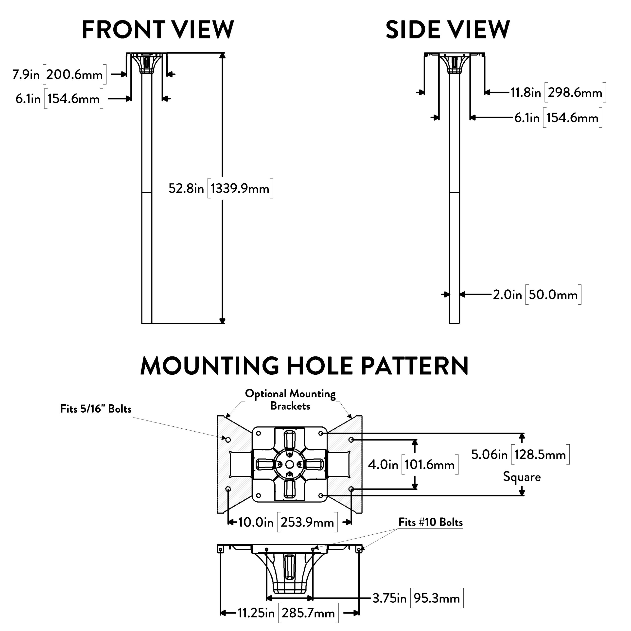 Technical drawing with front and side views and a bottom mounting pattern. Shows a tall rectangular post with top mounting hardware; overall height 52.8 in (1339.9 mm). Front view keys: 7.9 in and 6.1 in offsets, left and right. Side view shows 11.8 in (298.6 mm) top clearance and 2.0 in (50.0 mm) thickness. Lower diagram labeled MOUNTING HOLE PATTERN indicates a square plate 5.06 in (128.5 mm) on each side, with a central mounting area, bolt patterns labeled Fits 5/16" Bolts and Fits #10 Bolts, plus optional mounting brackets and dimensions 4.0 in (101.6 mm) between mounting holes, 10.0 in (253.9 mm) width, and 11.25 in (285.7 mm) overall width.