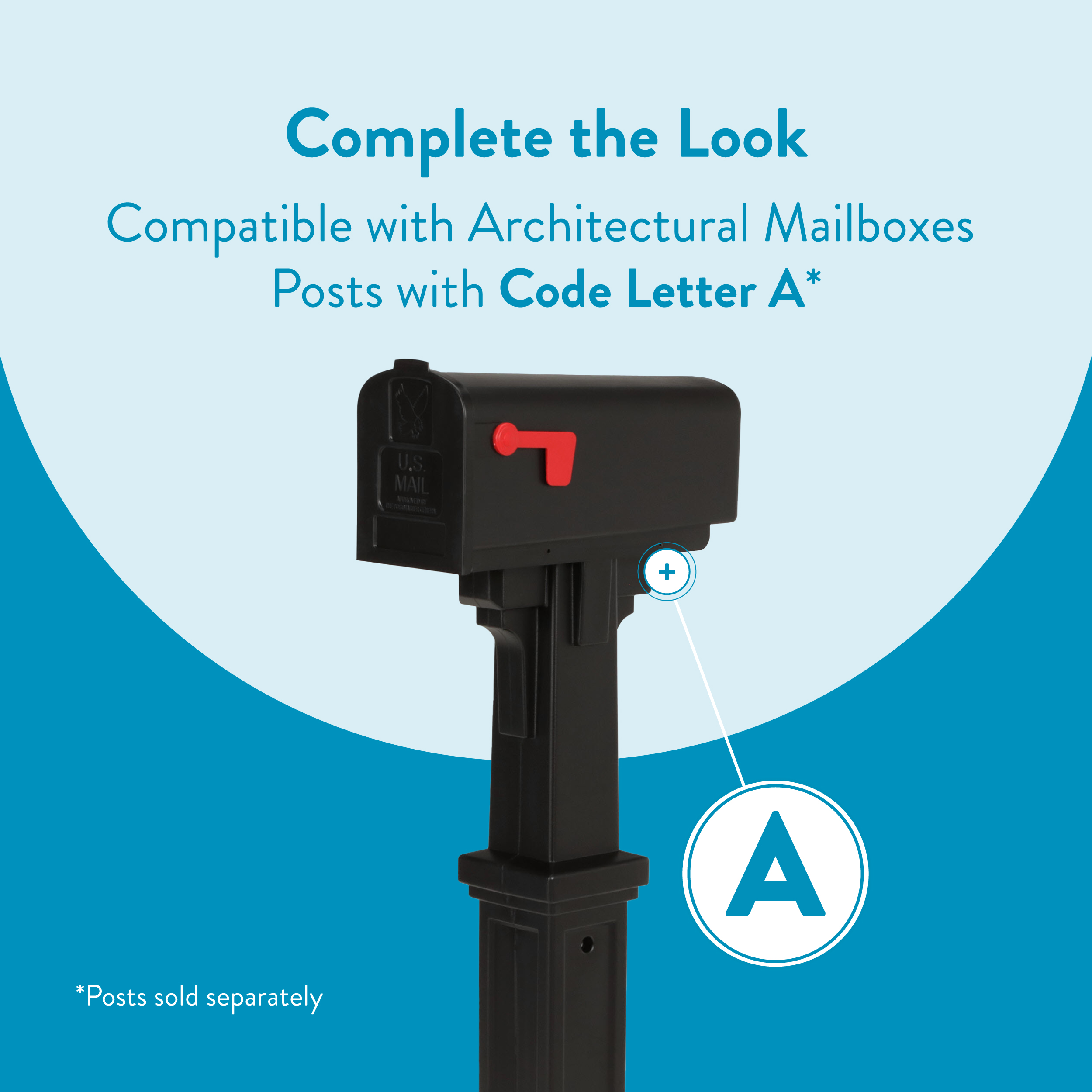 Promotional graphic showing an architectural mailbox post with code letter A and blue background text: 'Complete the Look' and 'Posts with Code Letter A'