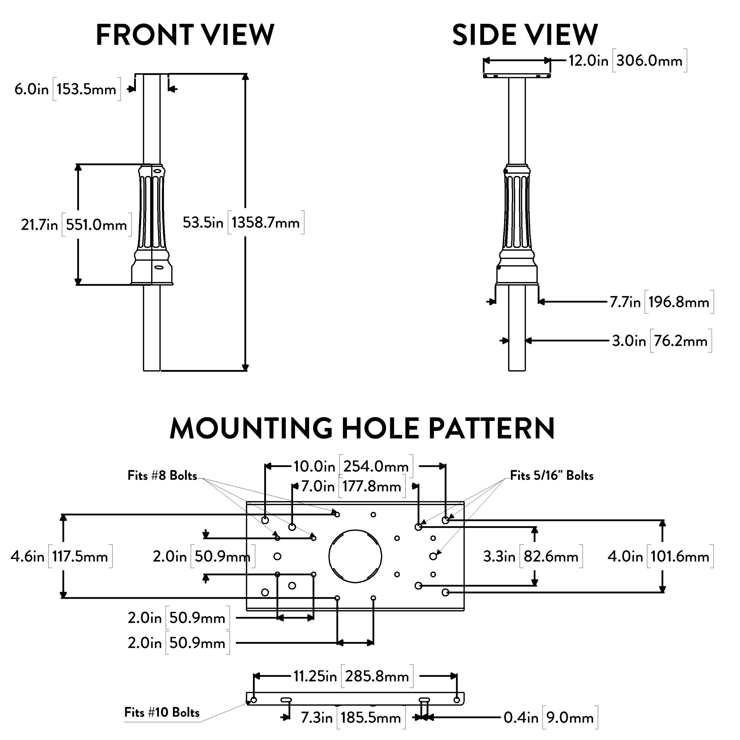 Technical schematic of a vertical post with a locking collar. Front view shows total height 53.5 in (1358.7 mm) with a 6 in top extension; side view indicates a 12 in top plate and base dimensions. The lower diagram depicts the mounting hole pattern with bolt sizes (#8 and #10) and spacing.