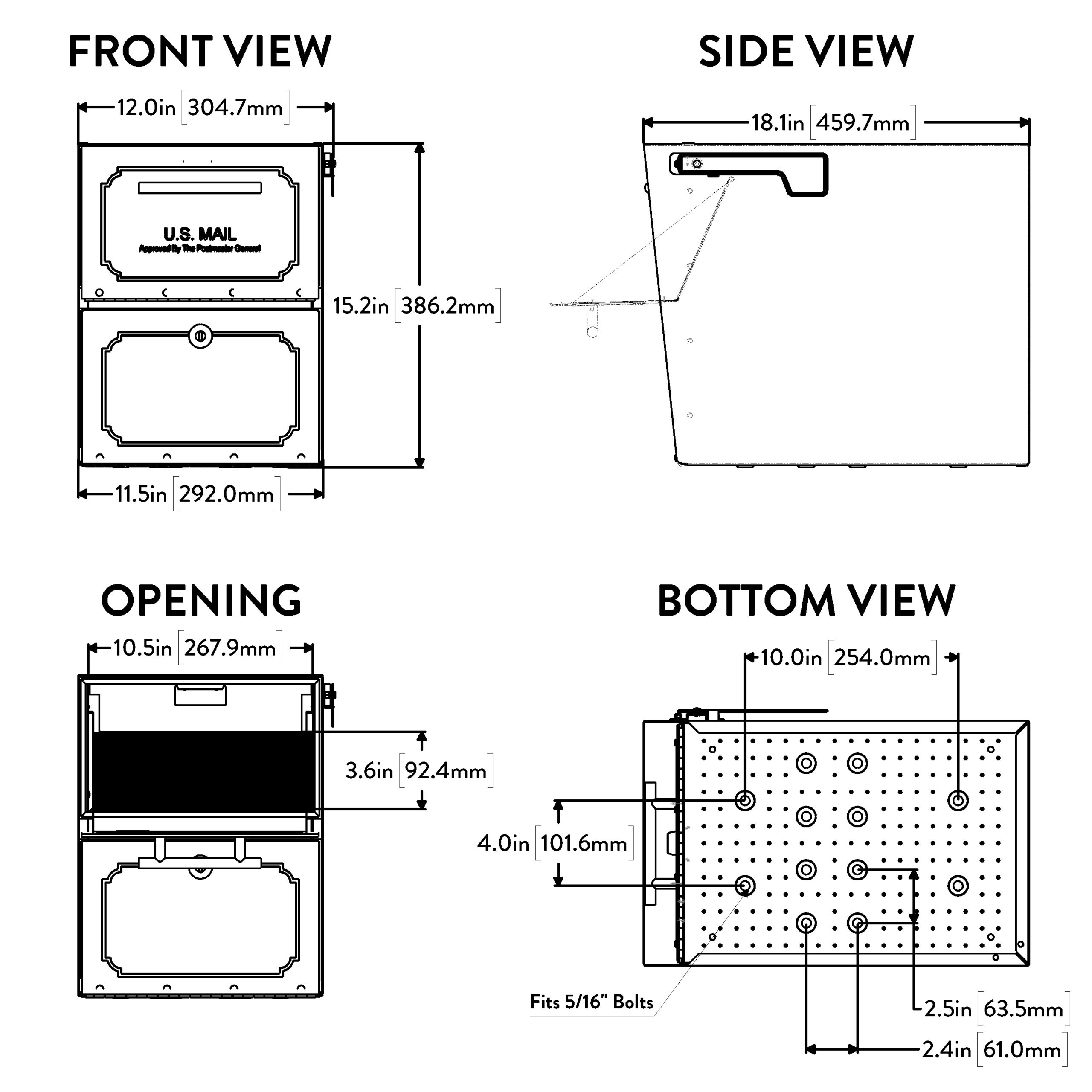 Technical drawing of a two-compartment unit with top mail slot, showing front, side, opening, and bottom views with dimensions.