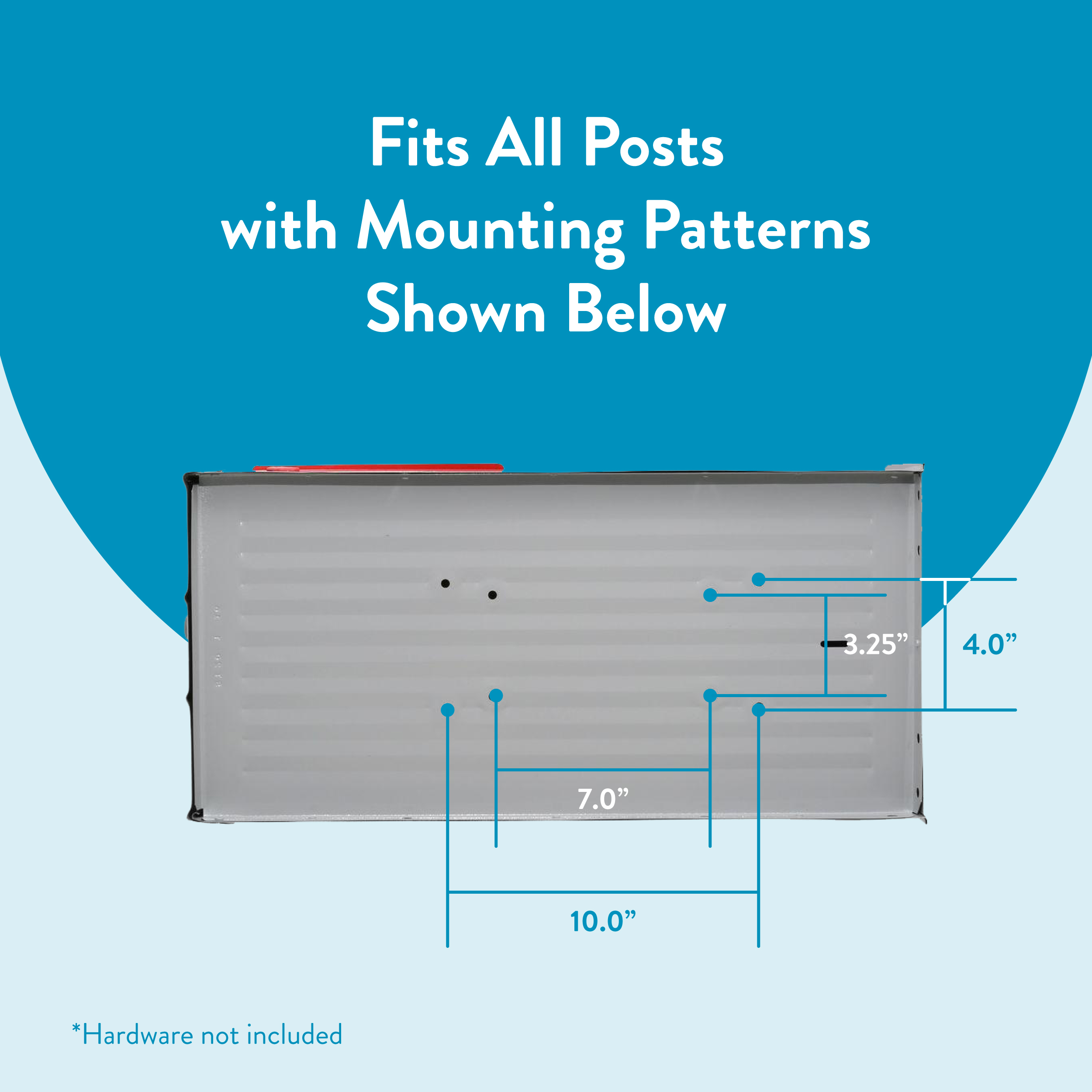 Diagram showing mounting pattern: rectangular plate with hole positions and dimensions (10" wide, 4" tall area on right, 7" and 3.25" spacings) and note 'Hardware not included'.
