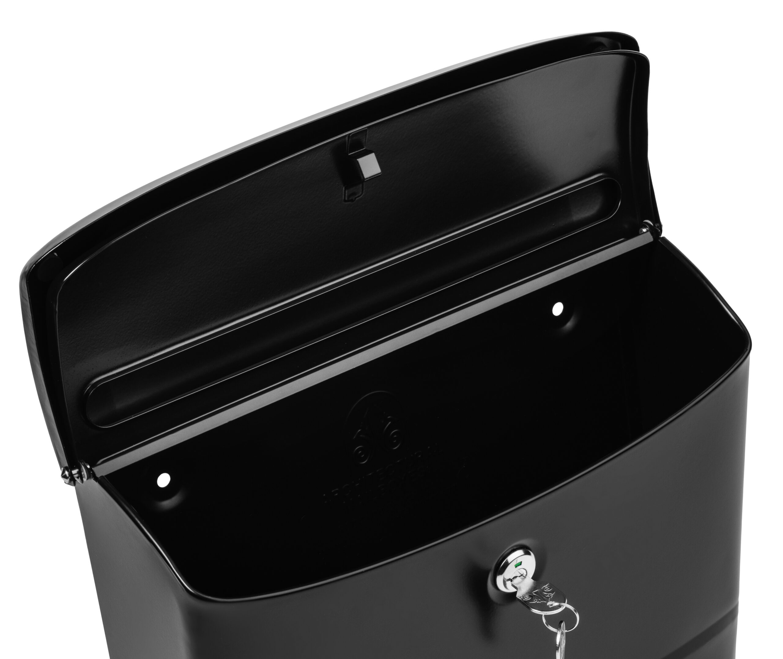 Black metal mailbox with the lid flipped open, showing the interior and a key in the lock on a keyring nearby.