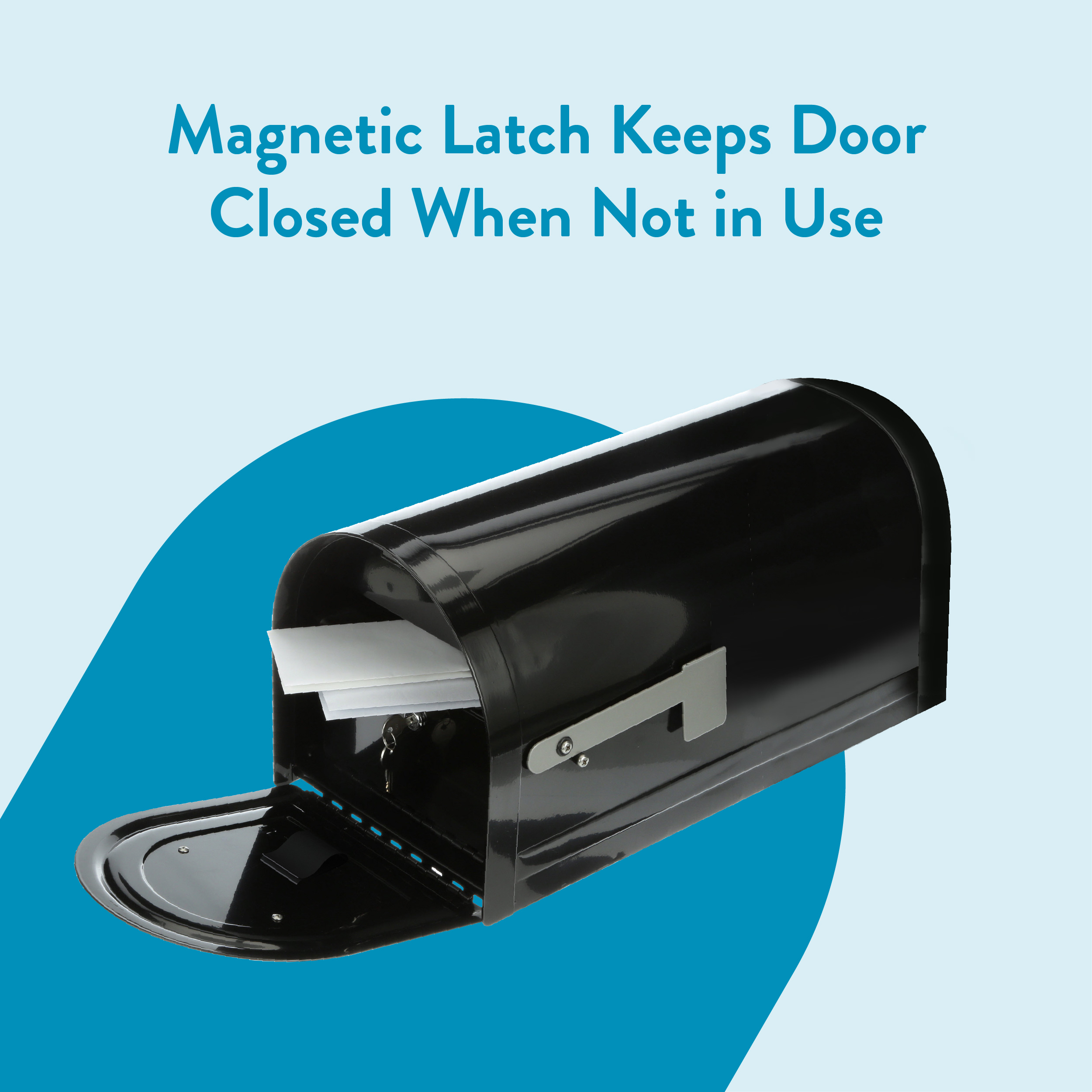 Black mailbox with a magnetic latch, papers visible inside, shown against a light blue background with the caption 'Magnetic Latch Keeps Door Closed When Not in Use'.