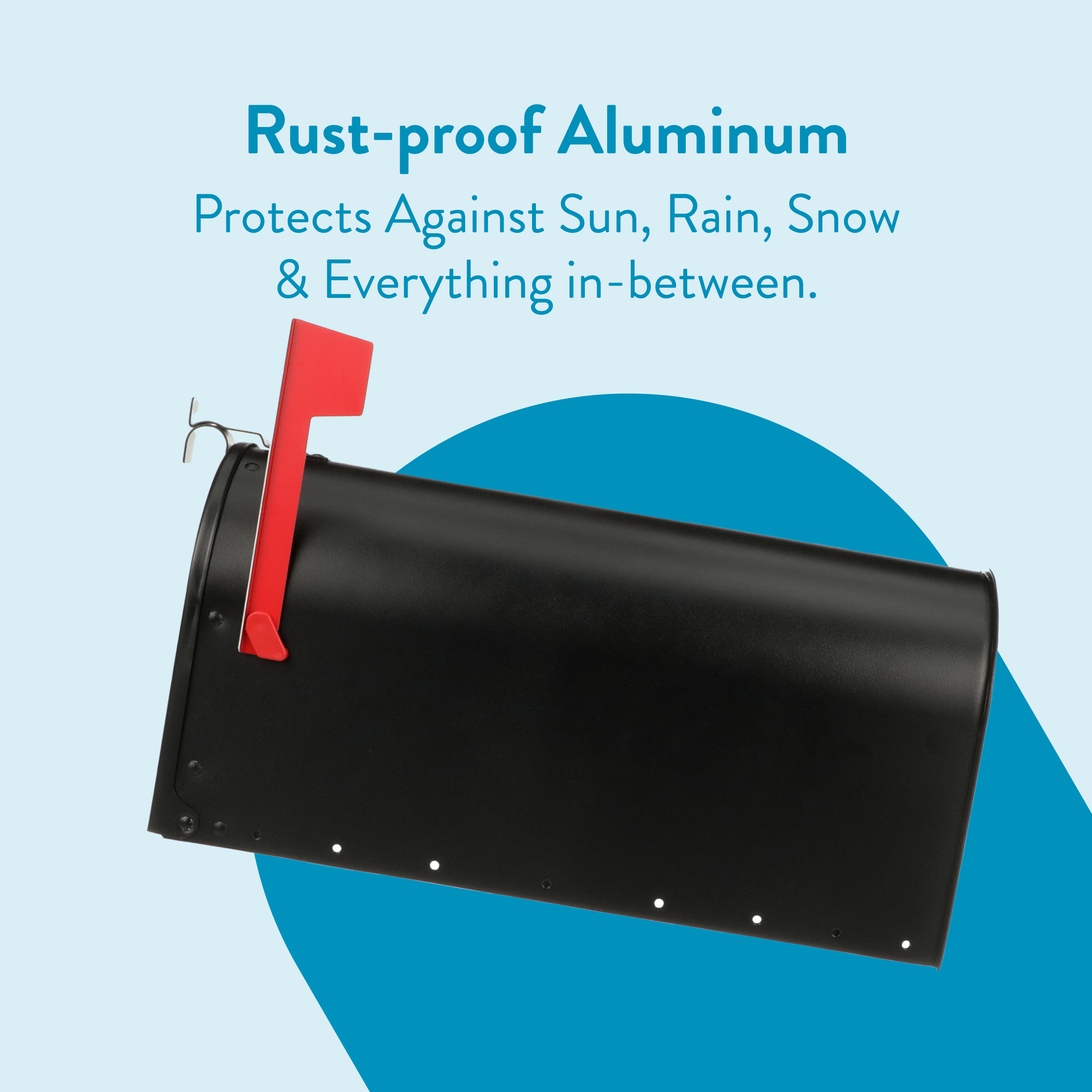 Rust-proof aluminum mailbox with a red flag on a light blue background, highlighting weather protection.