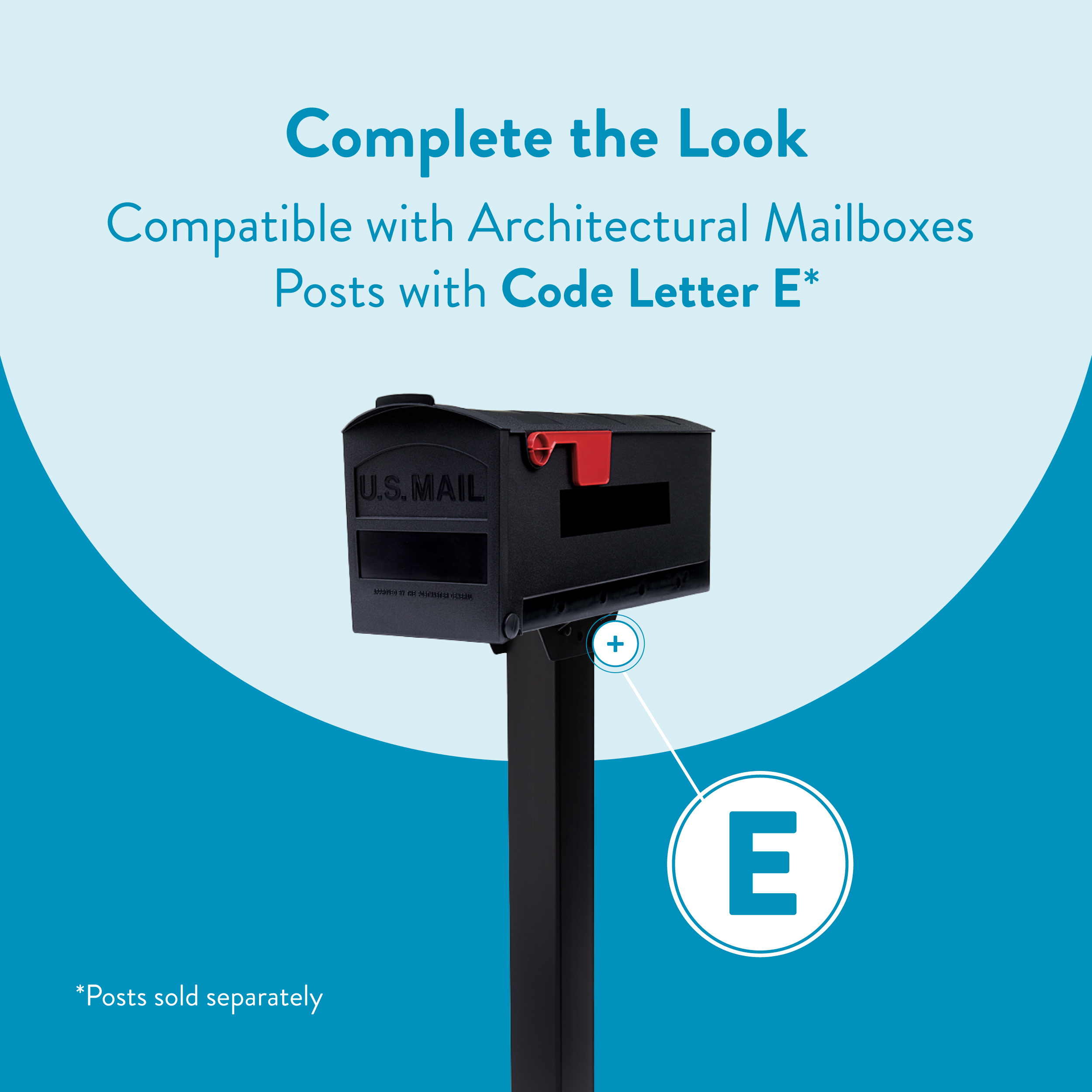 Promo image showing a black mailbox on a post, advertising compatibility with Architectural Mailboxes posts labeled Code Letter E (posts sold separately).