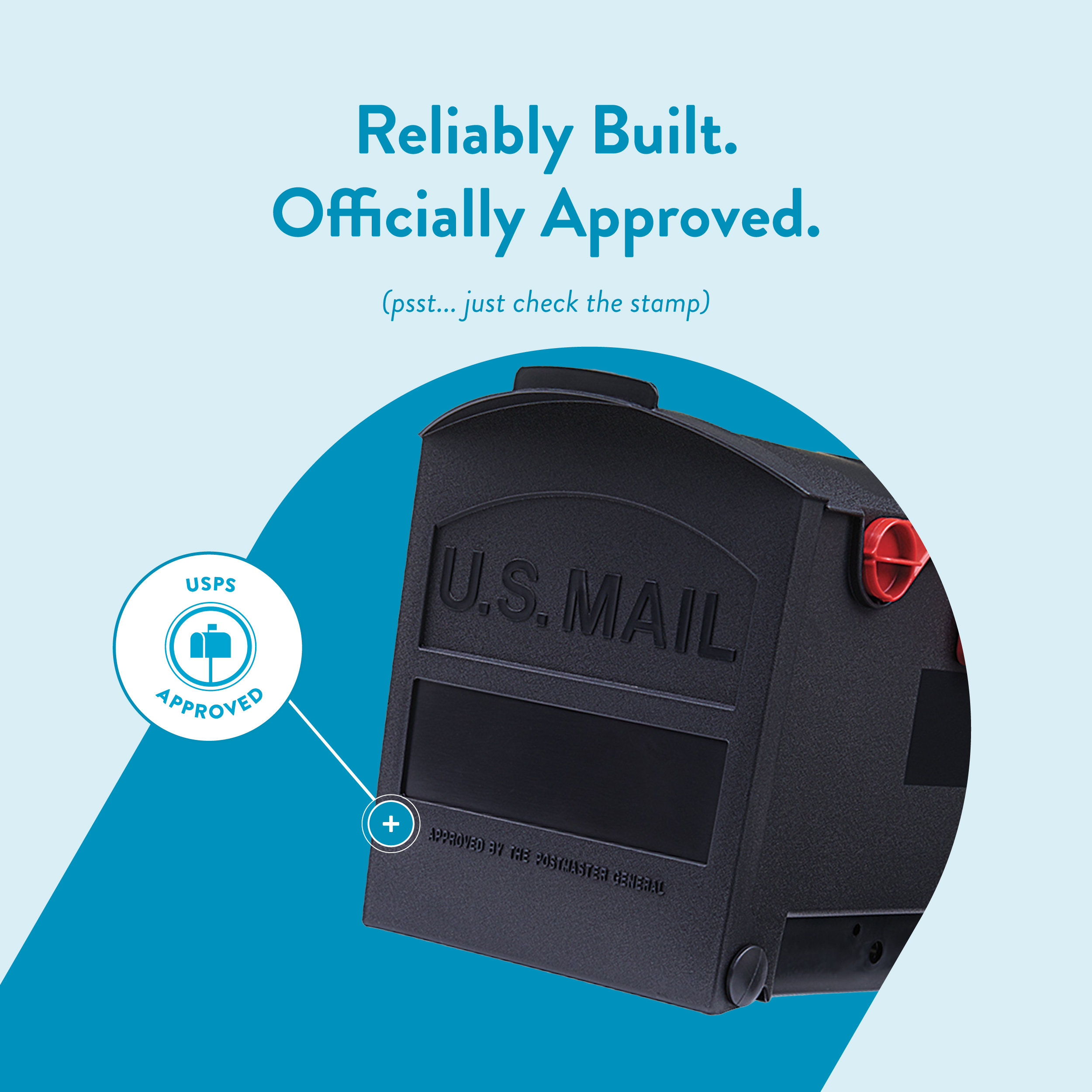 Black U.S. Mail mailbox device on a blue background with a USPS Approved circular badge and the caption 'Reliably Built. Officially Approved.'
