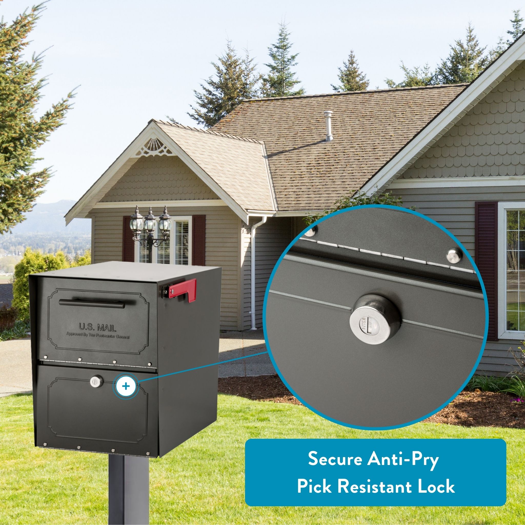 Gray mailbox on a post in a front yard; inset shows a close-up of a round anti-pry, pick-resistant lock and the label 'Secure Anti-Pry Pick Resistant Lock' over a blue banner.