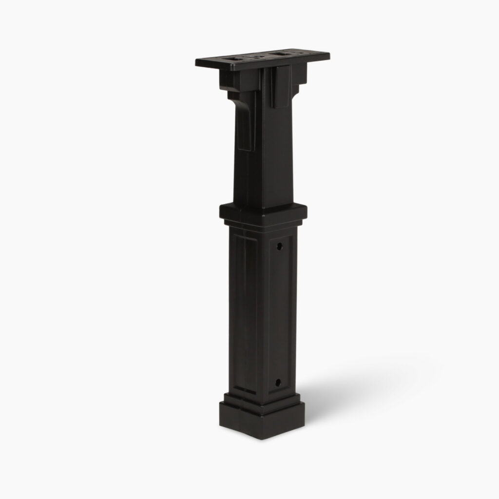 Black adjustable furniture leg/post with top mounting plate and square base for attaching to furniture. It has a tall rectangular shaft and screw holes on the sides for secure mounting.