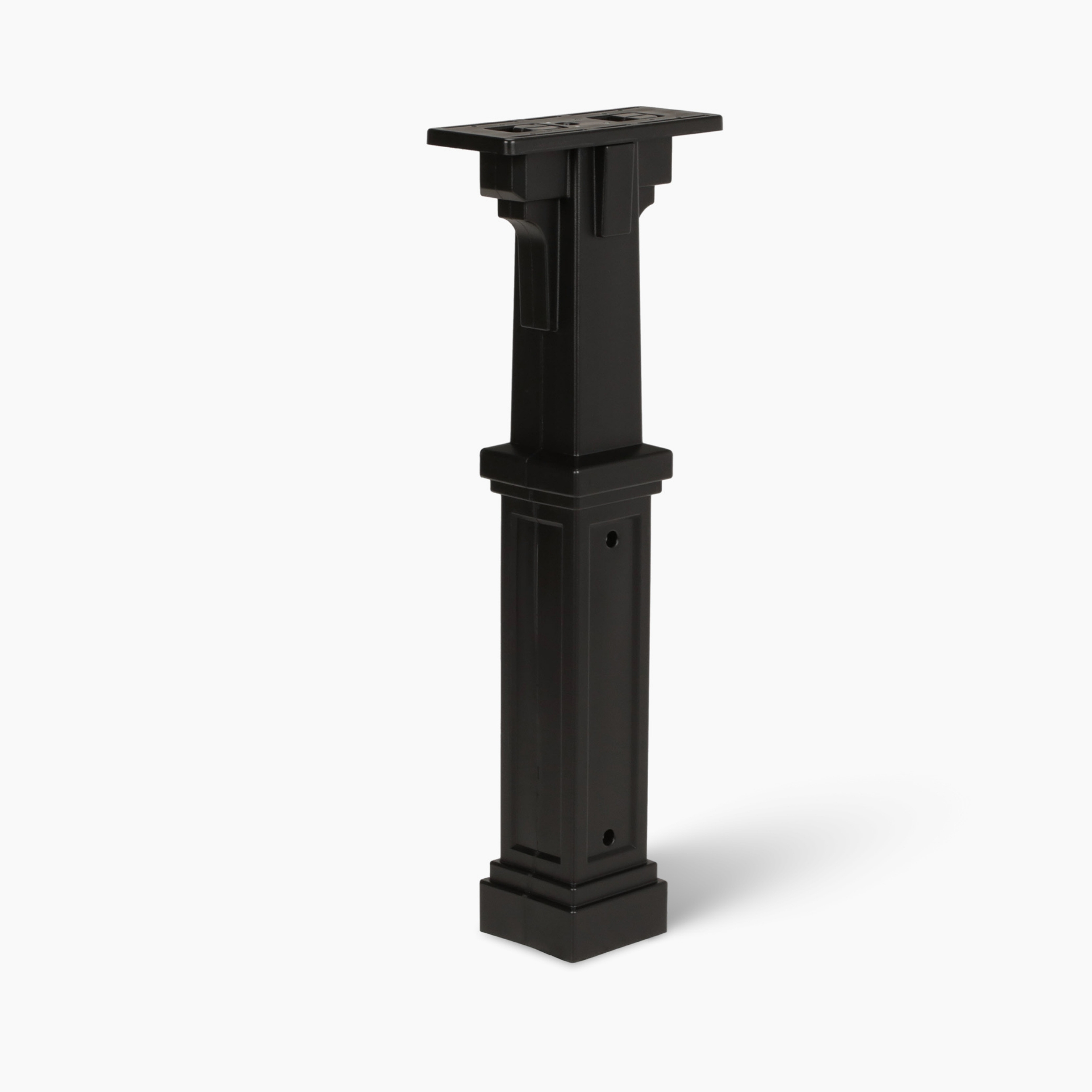 Black adjustable furniture leg/post with top mounting plate and square base for attaching to furniture. It has a tall rectangular shaft and screw holes on the sides for secure mounting.