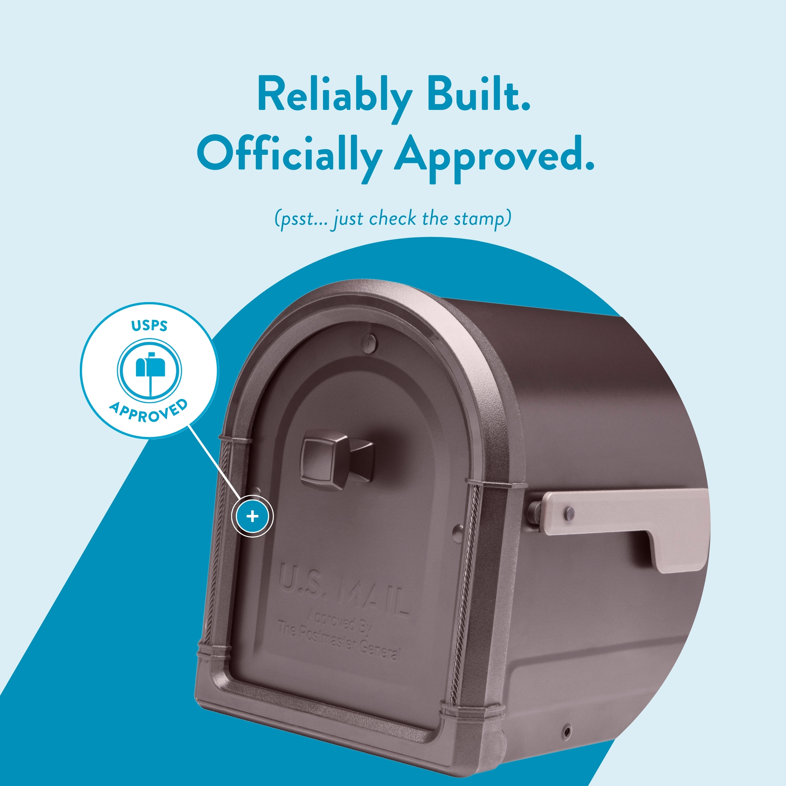 Mailbox with a blue USPS Approved stamp and a highlighted plus icon, emphasizing official approval and reliability of mail receptacle.