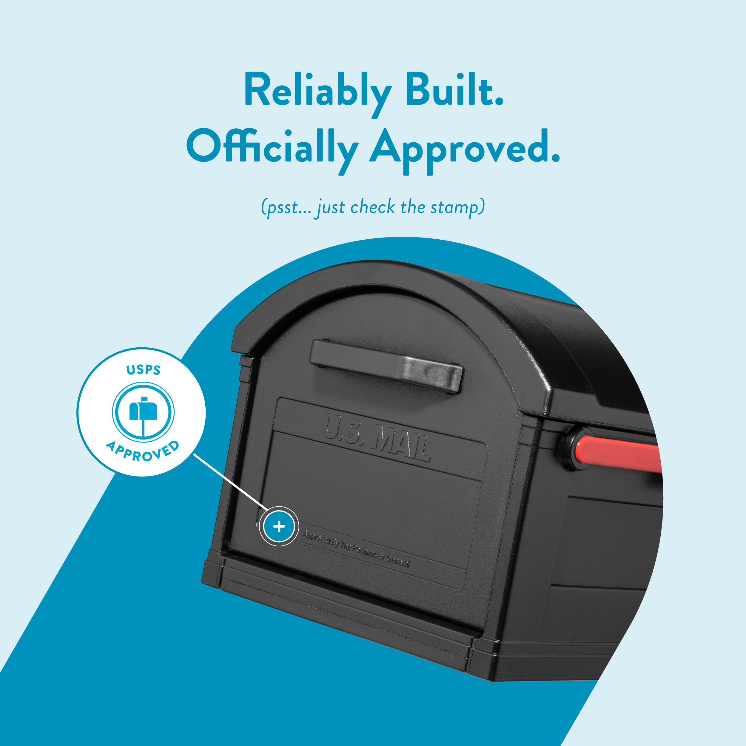 Poster-style image of a black USPS mailbox with a blue curved background and bold text: 'Reliably Built. Officially Approved.' with a small note '(psst… just check the stamp)' showing a USPS Approved seal nearby.
