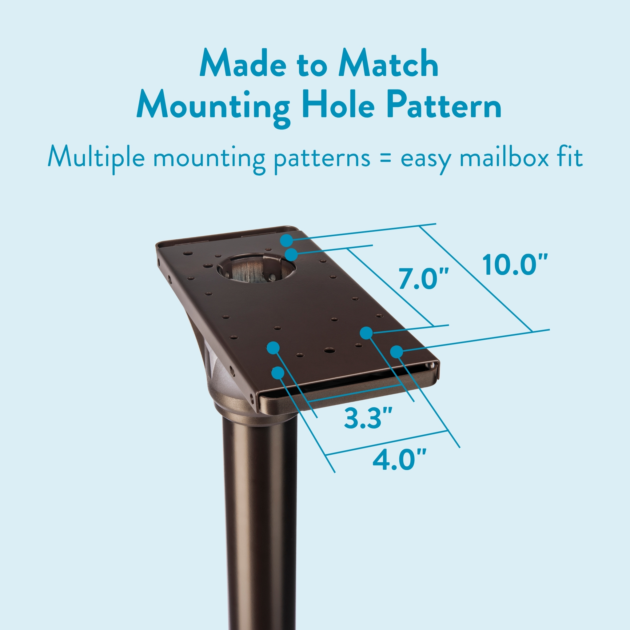 Metal mailbox mounting plate on a post with blue dimension lines showing multiple hole patterns (7 in by 10 in; 3.3 in by 4.0 in) to indicate adjustable fit. Captioned: 'Made to Match Mounting Hole Pattern' for easy mailbox mounting.