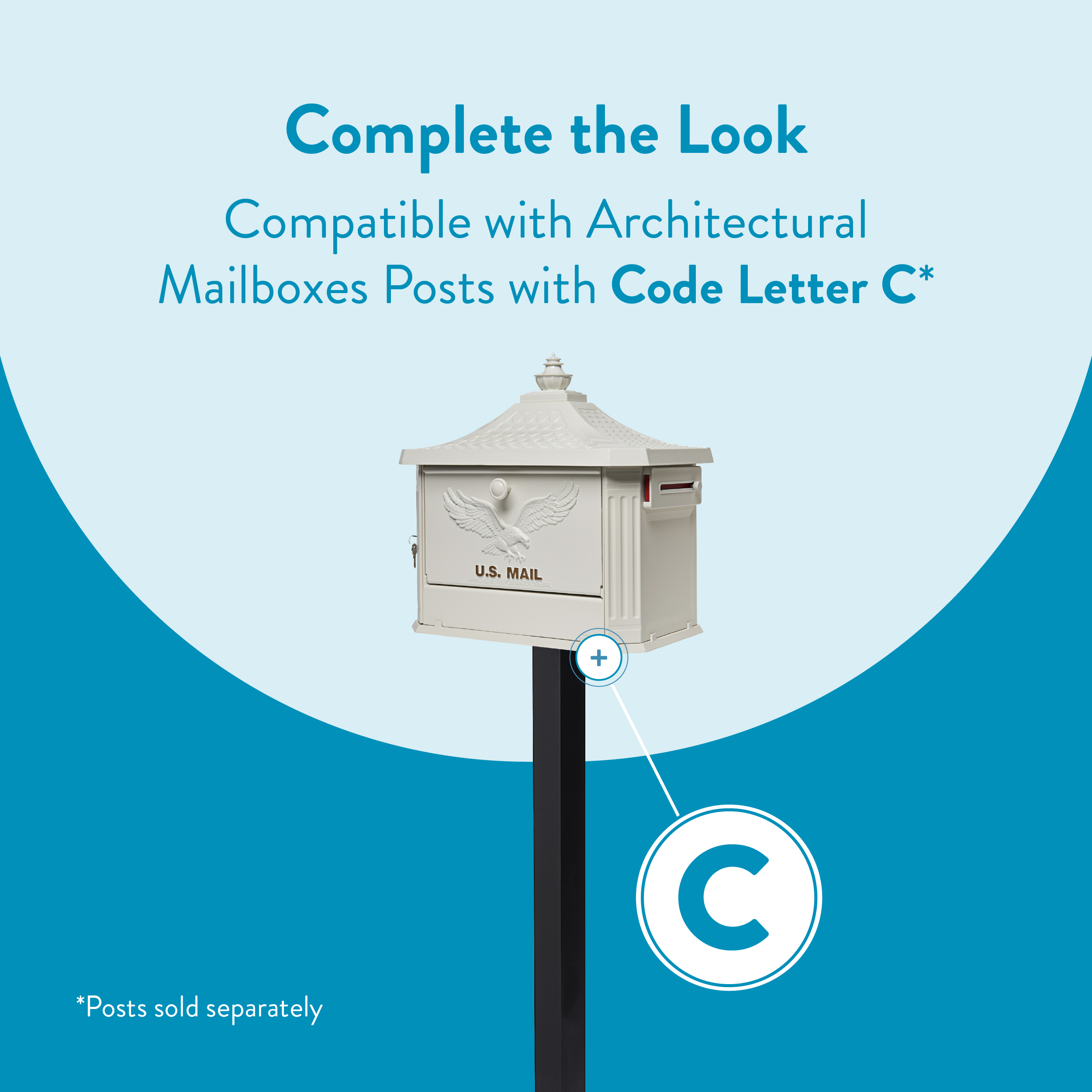 Mailbox mounted on a post with a circular Code C badge against a blue background, promoting compatibility with Code Letter C posts niched for architectural mailbox systems.