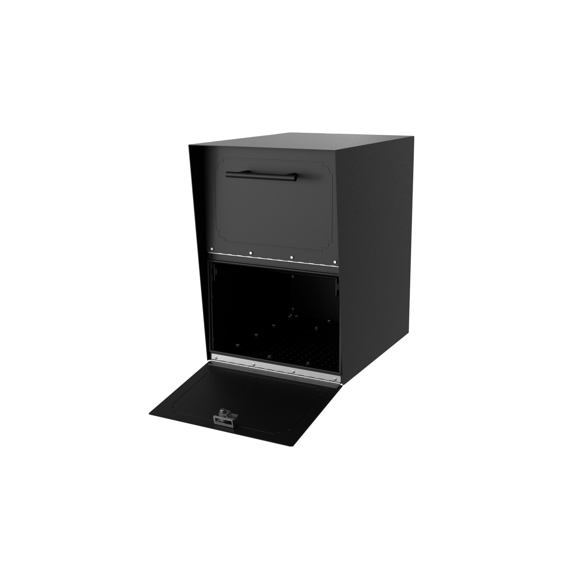 Black compact metal stove with a front upper access door and a lower open compartment/ash pan visible.