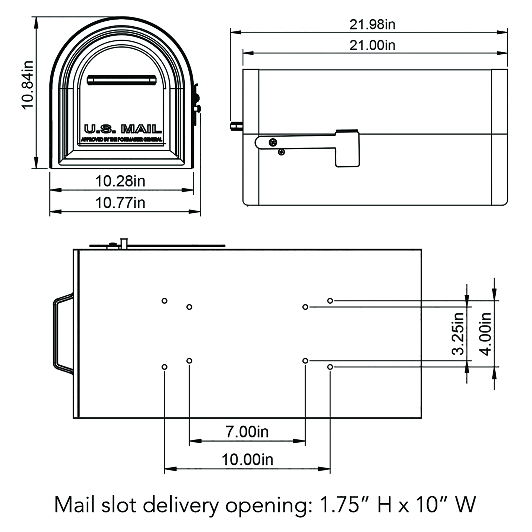 Technical diagram of a U.S. mail slot with front arch and a 1.75 inch by 10 inch slot opening, including side and top views with overall length about 21 inches.