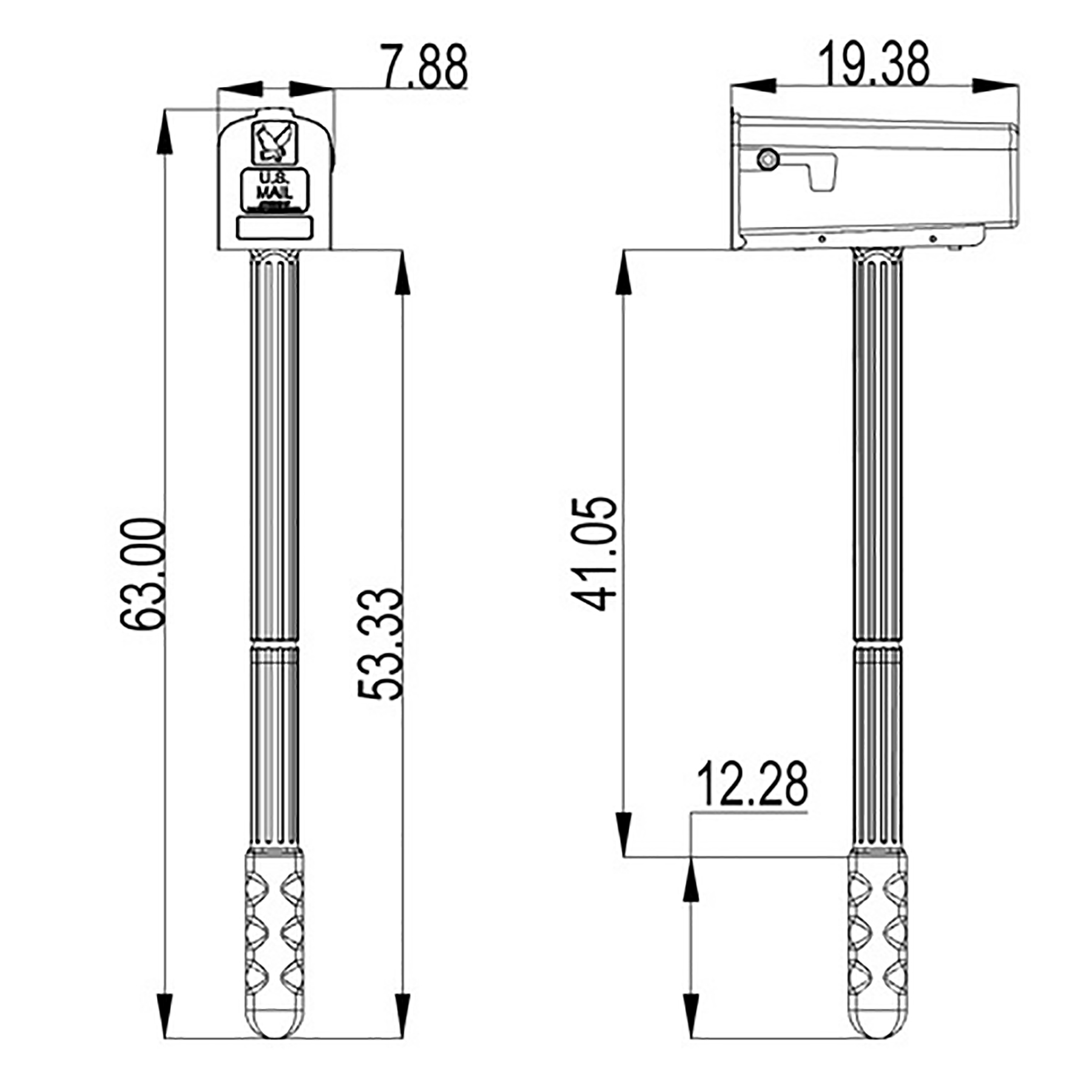 Front/side views of a vertical mail receptacle on a ribbed post; overall height 63 in, top width 7.88 in, side depth 19.38 in, USPS label on the top unit