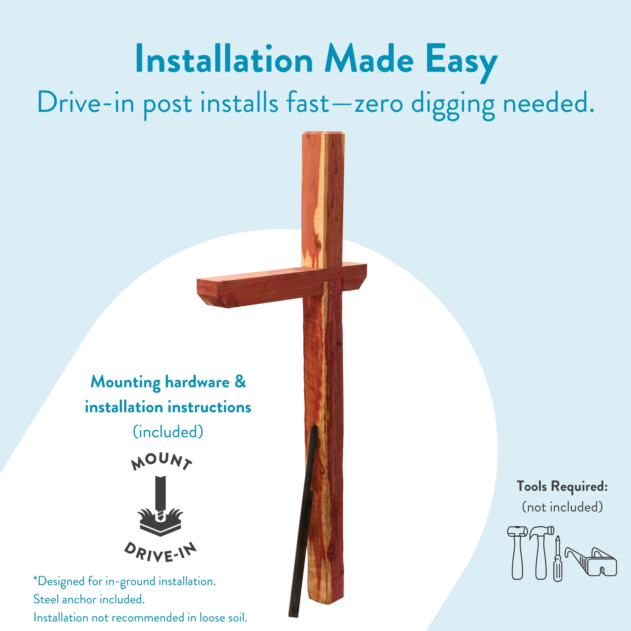Wooden drive-in mounting post with cross brace, advertising fast installation with zero digging needed.