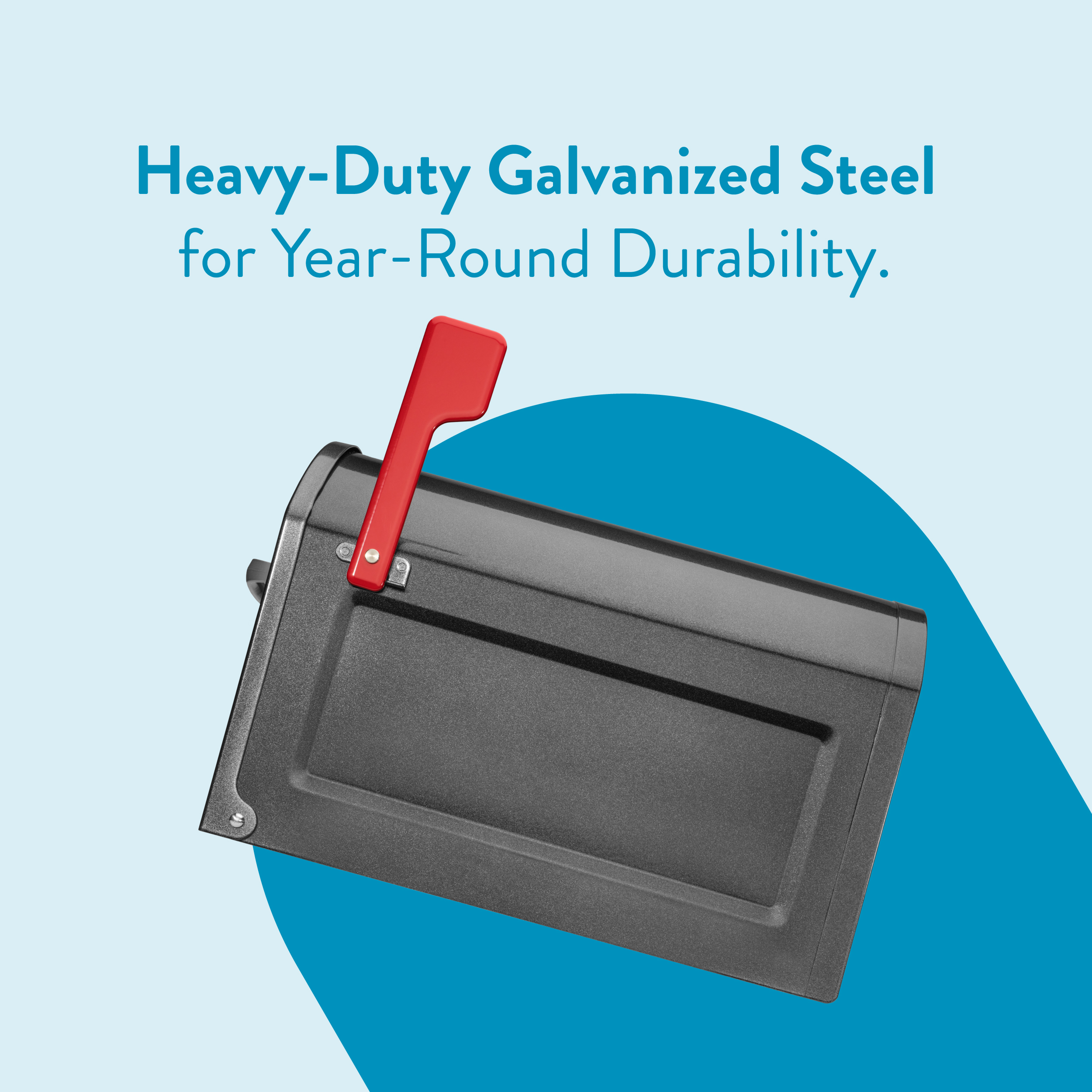 Advertisement: 'Heavy-Duty Galvanized Steel for Year-Round Durability' with a gray tool and red lever on blue shapes in the background.