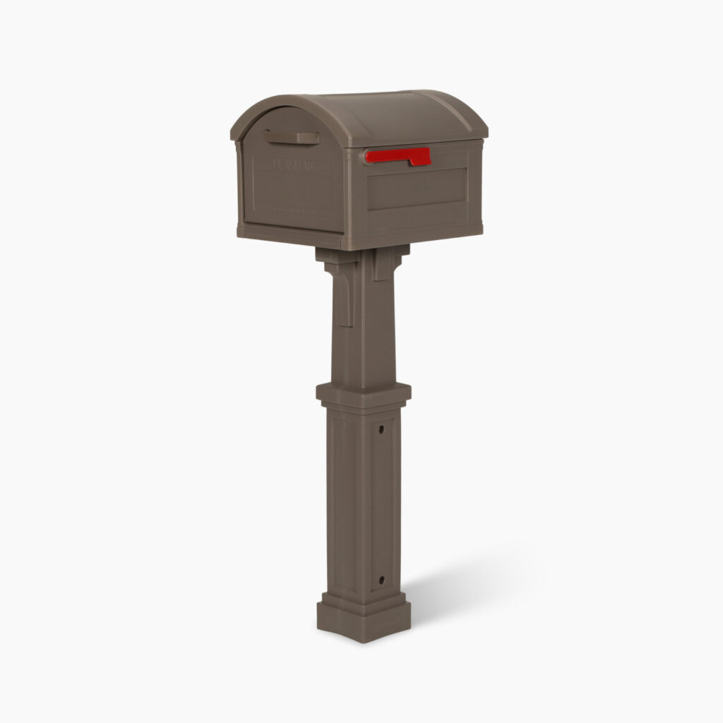 Brown curbside mailbox mounted on a tall decorative post with a red flag raised, set against a light background.