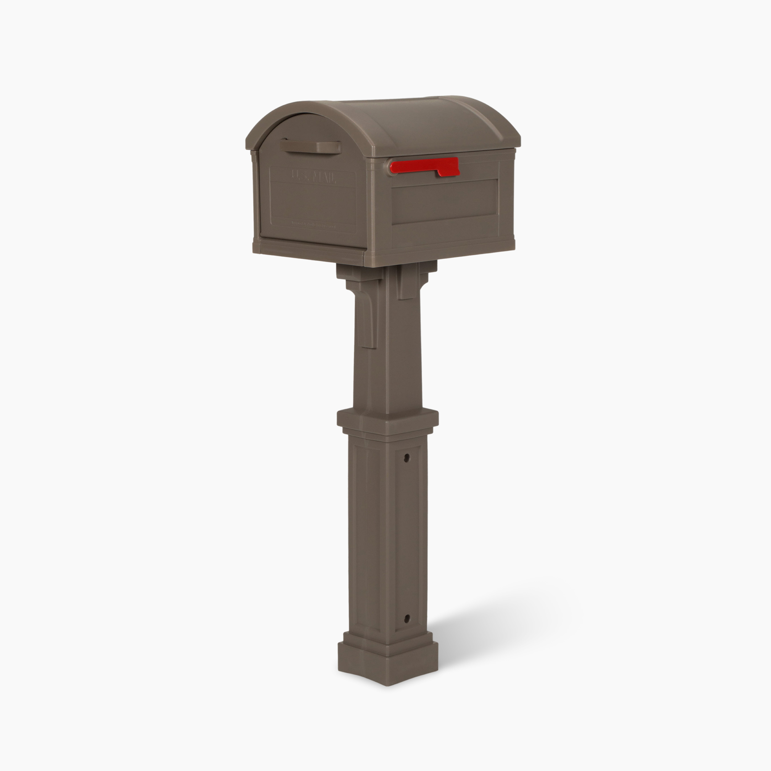 Brown curbside mailbox mounted on a tall decorative post with a red flag raised, set against a light background.