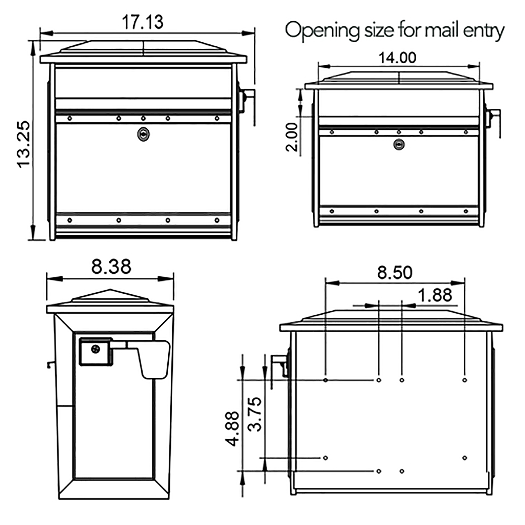 Technical drawing of a mailbox with a lock, shown in multiple views with overall dimensions (17.13 in wide, 13.25 in high) and a 14 in mail opening.