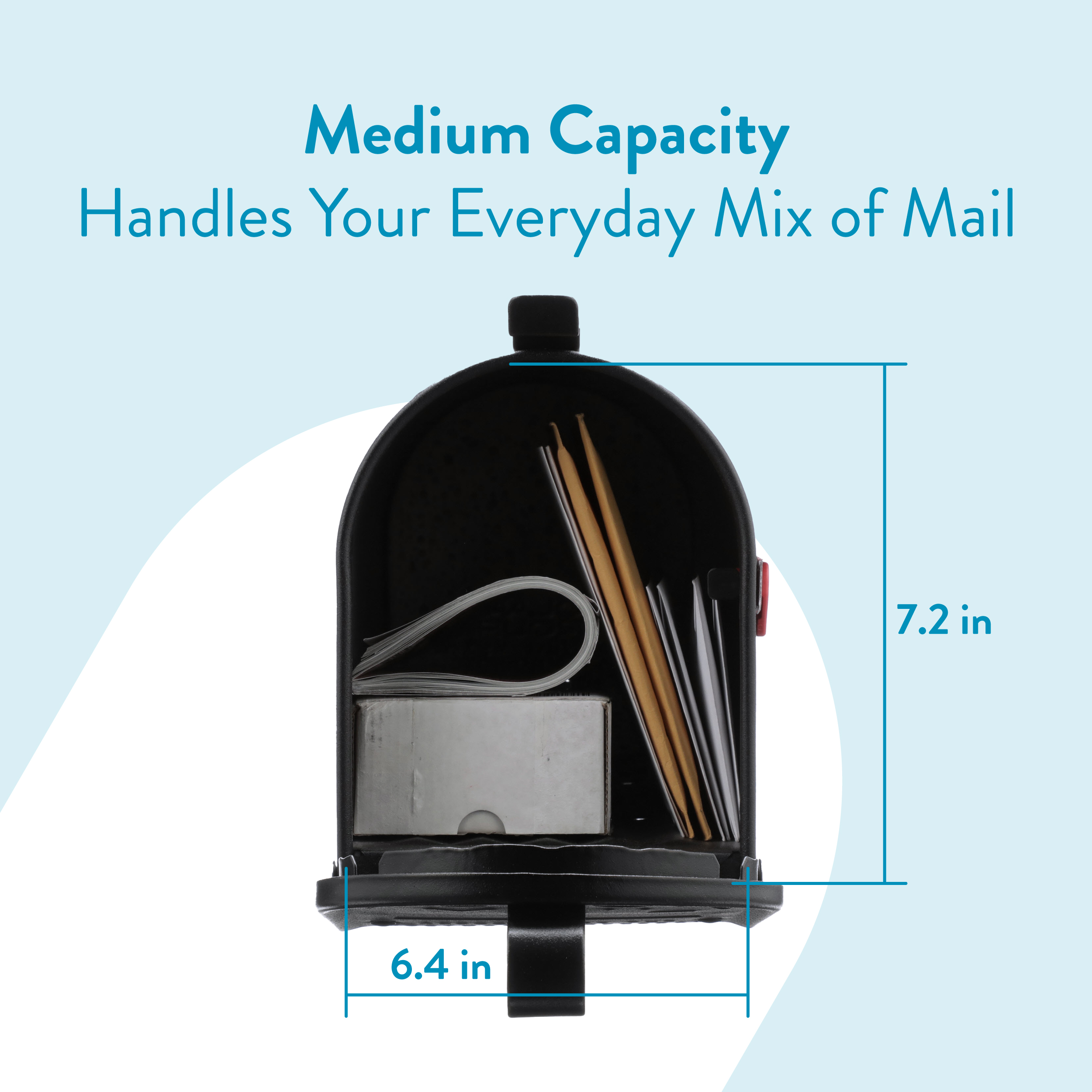 Open black mailbox filled with letters and envelopes; headline reads 'Medium Capacity' with dimensions 7.2 in by 6.4 in.