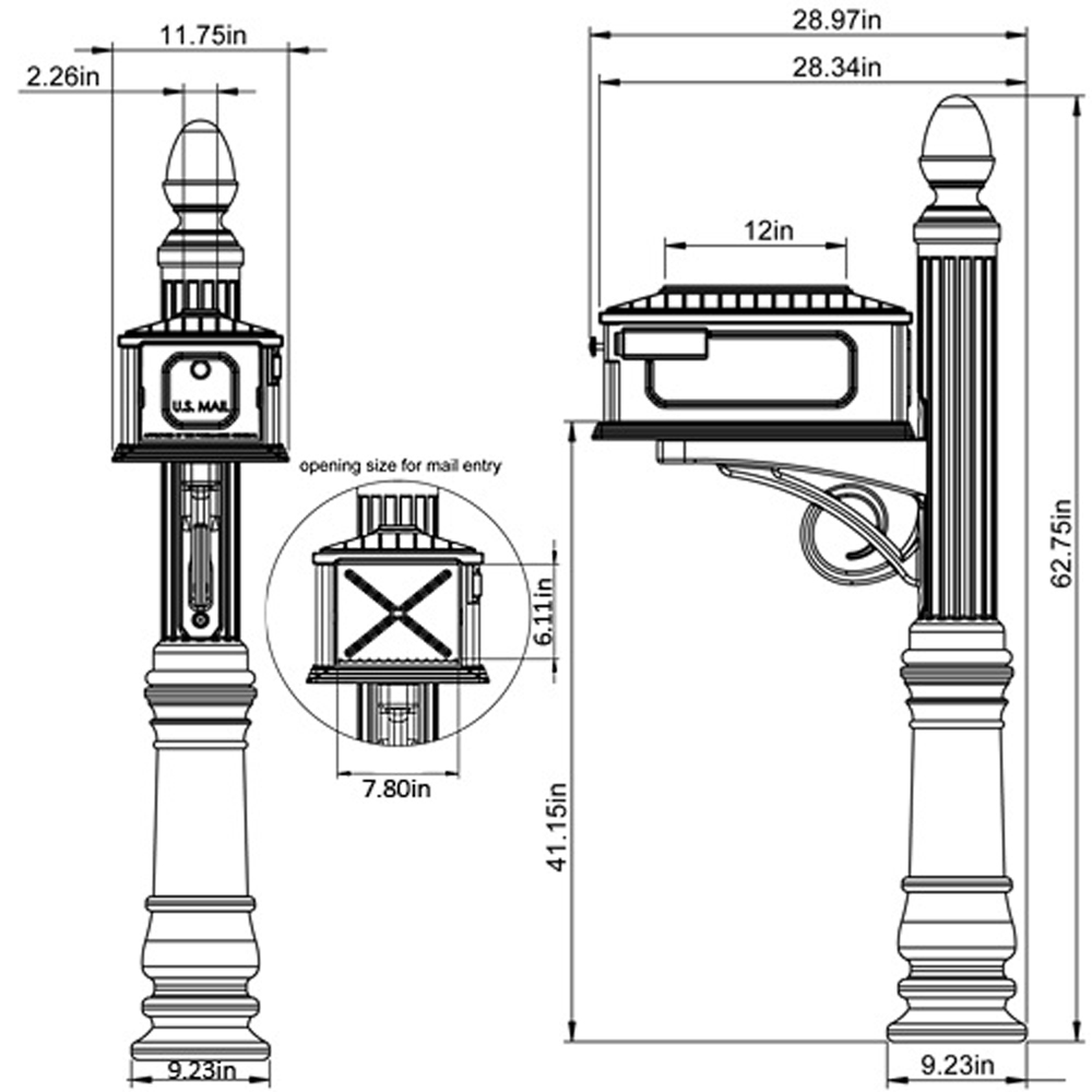 Technical drawing of a decorative mailbox post with attached mailbox, showing mail entry opening and overall height about 62.75 inches, side and front views included.