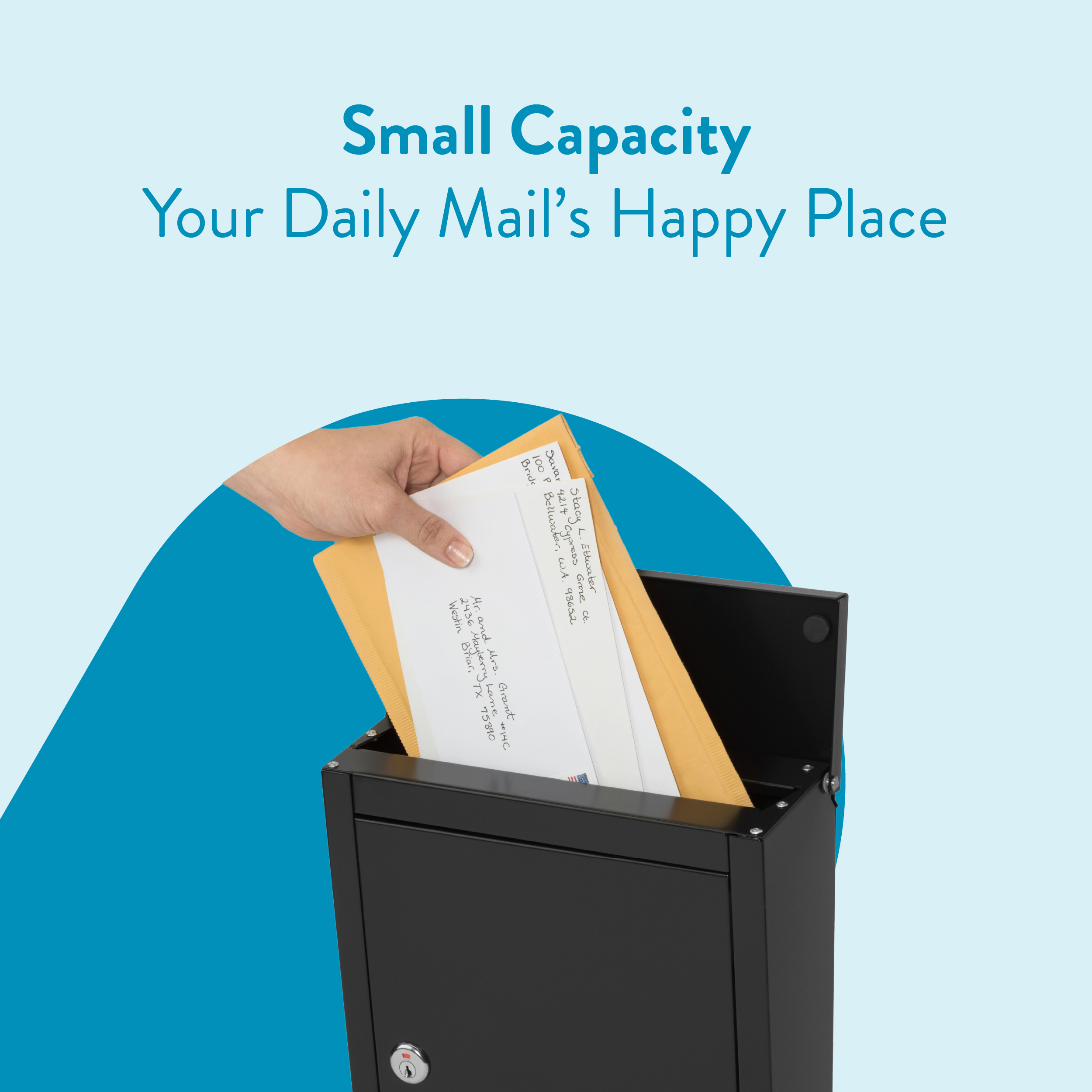 Person placing an envelope into a small black secure mailbox/safe against a blue backdrop.