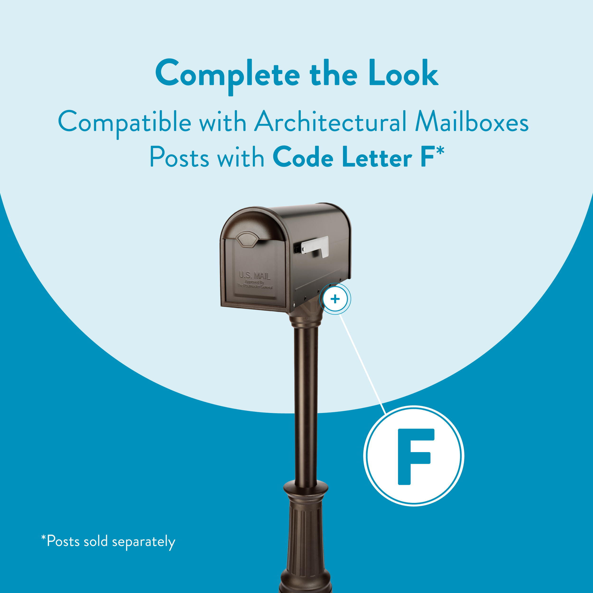 Promotional graphic showing a mailbox mounted on a post with an 'F' code letter, indicating Code Letter F compatibility for Architectural Mailboxes posts.
