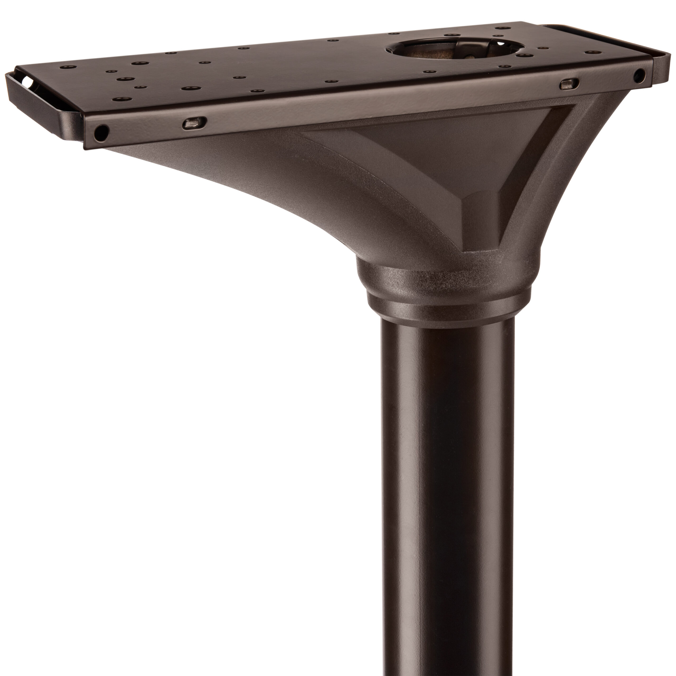 Close-up of a brown metal pole top with a square mounting plate and central circular opening for attaching a light fixture