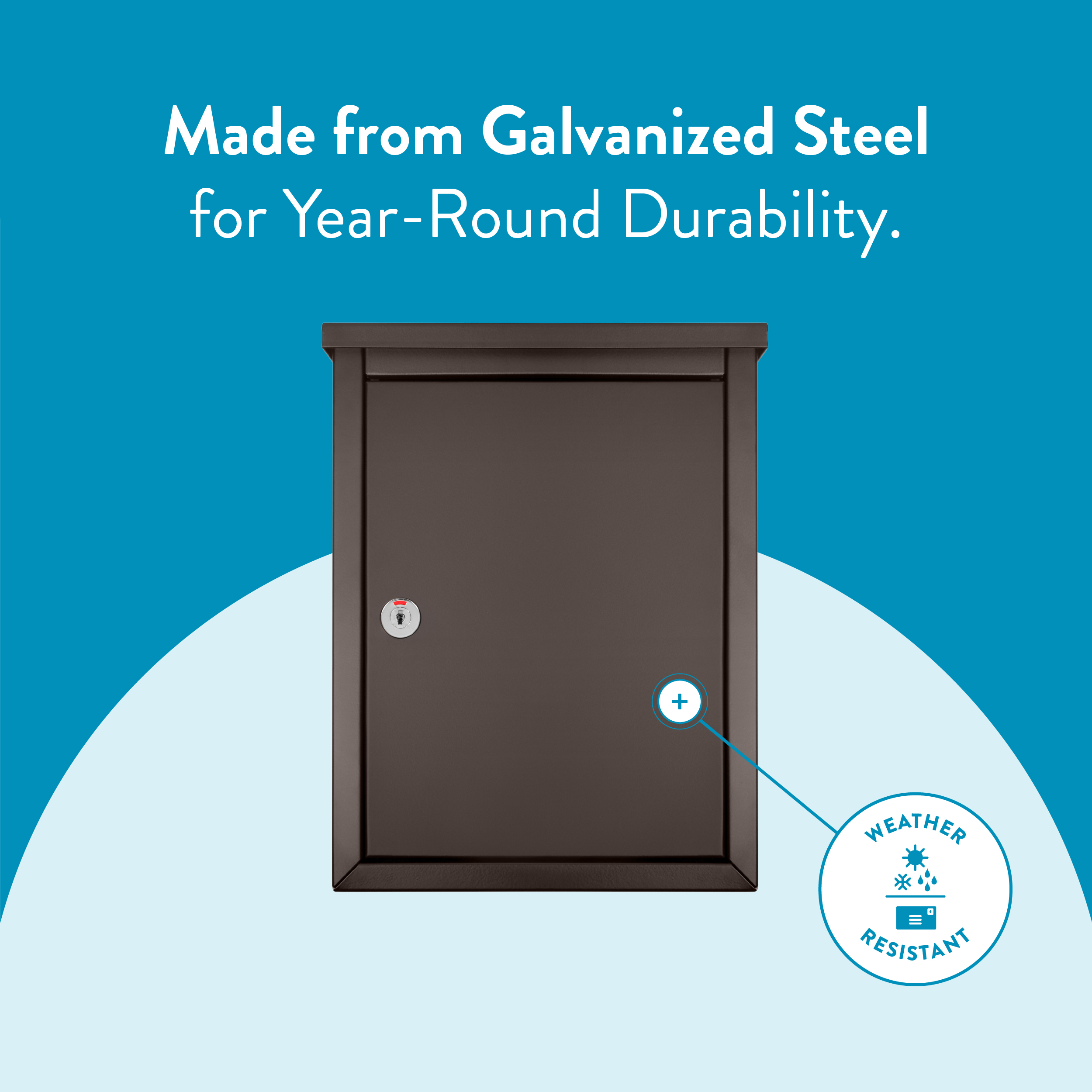 Brown mailbox against a blue background featuring the headline 'Made from Galvanized Steel for Year-Round Durability' and a weather-resistant badge on the lower right.