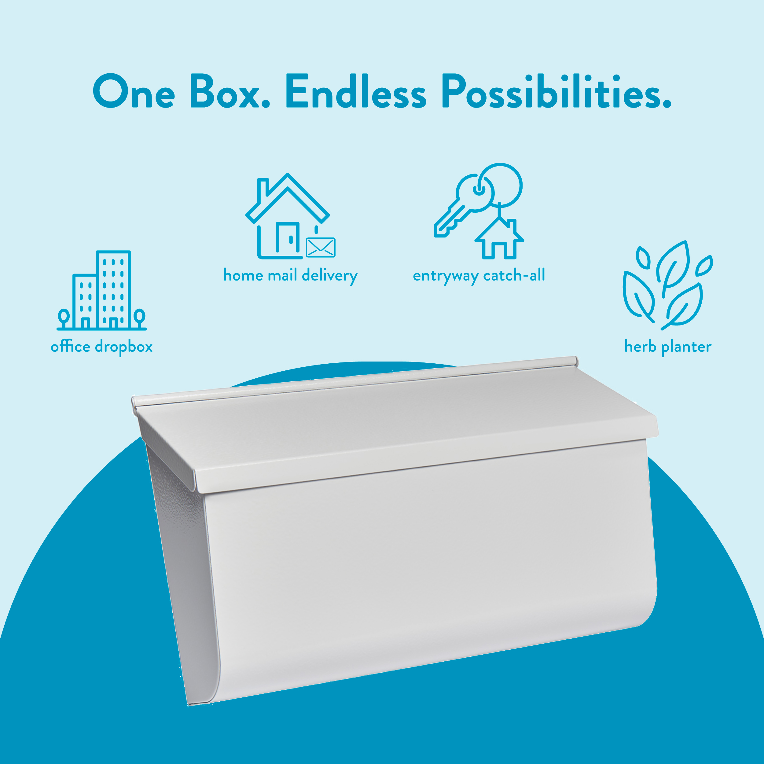 Advertising graphic with the slogan 'One Box. Endless Possibilities.' and four blue icons (office dropbox, home mail delivery, entryway catch-all, herb planter) above a white mailbox-like box on a blue arc.