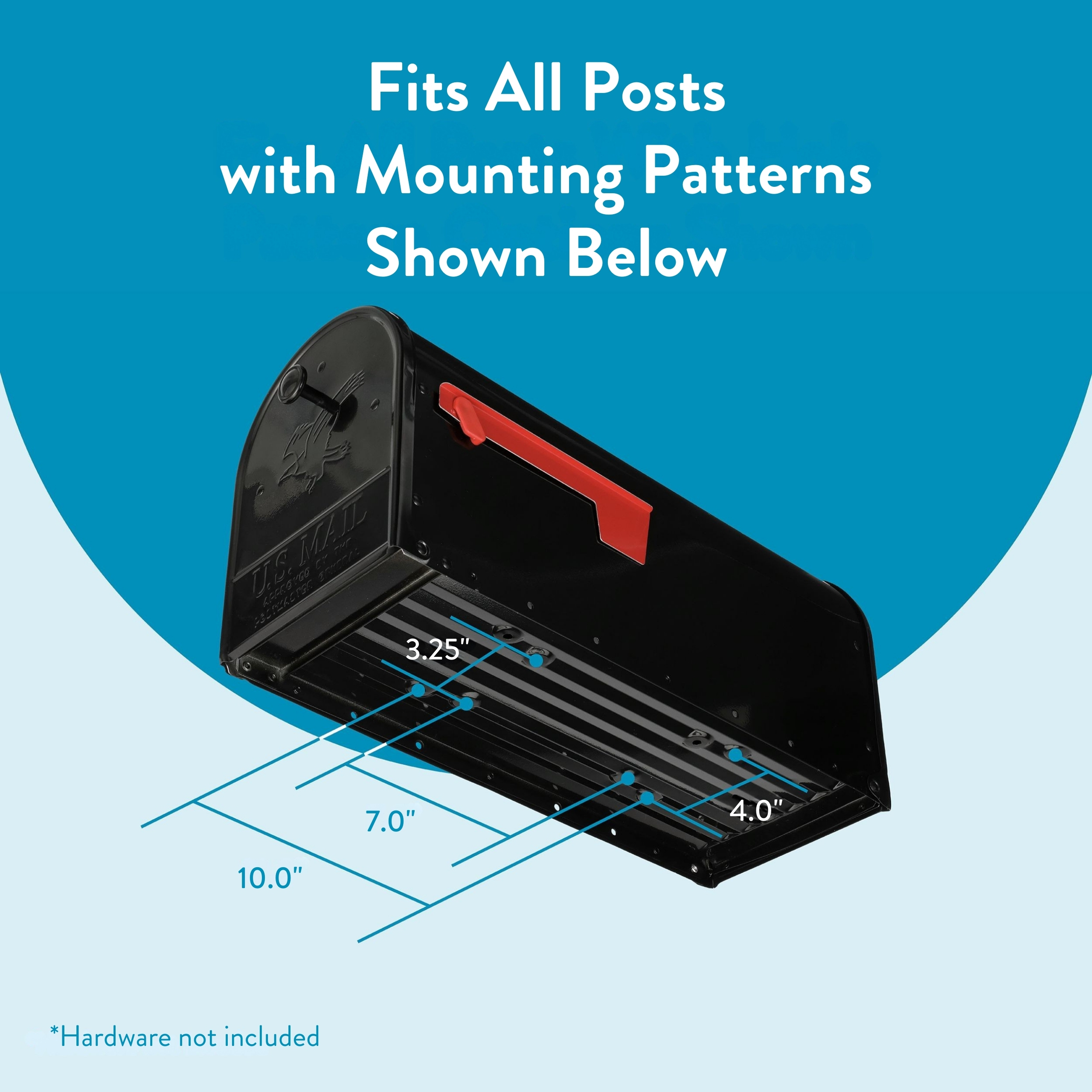Black mailbox shown at an angle with blue measurement lines indicating mounting hole patterns: footprint about 10 by 7 inches with 3.25 and 4.0 inch spacings; note hardware not included.