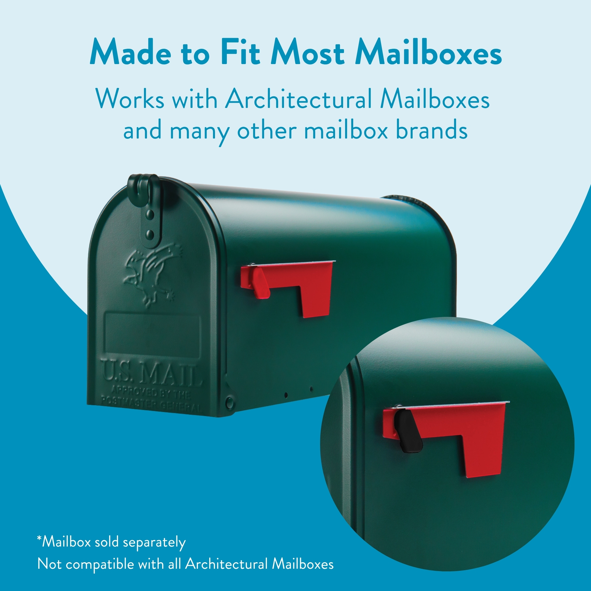Promotional graphic showing a green mailbox with a red flag and a circular inset; text reads 'Made to Fit Most Mailboxes' and notes compatibility and that the mailbox is sold separately.