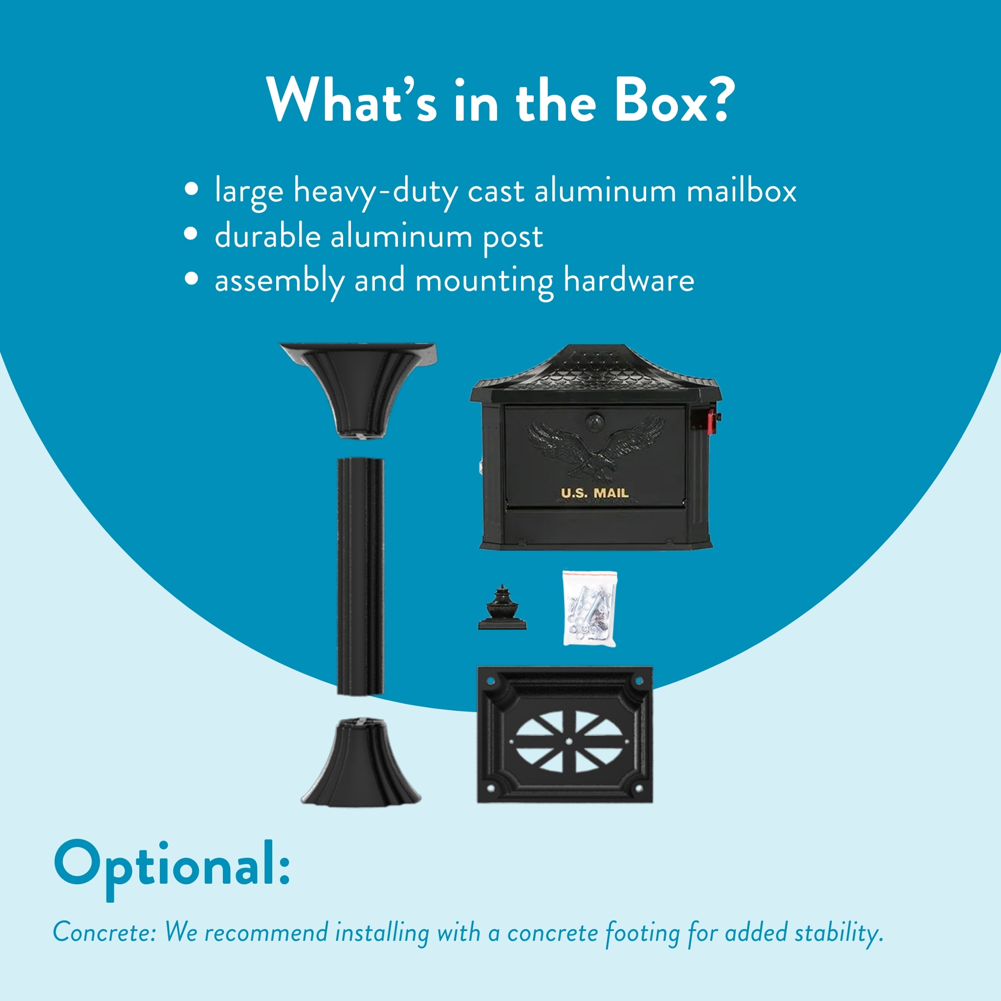 Infographic titled "What’s in the Box?" listing components: aluminum mailbox, durable post, assembly hardware, caps and base, plus optional vented panel and small parts.