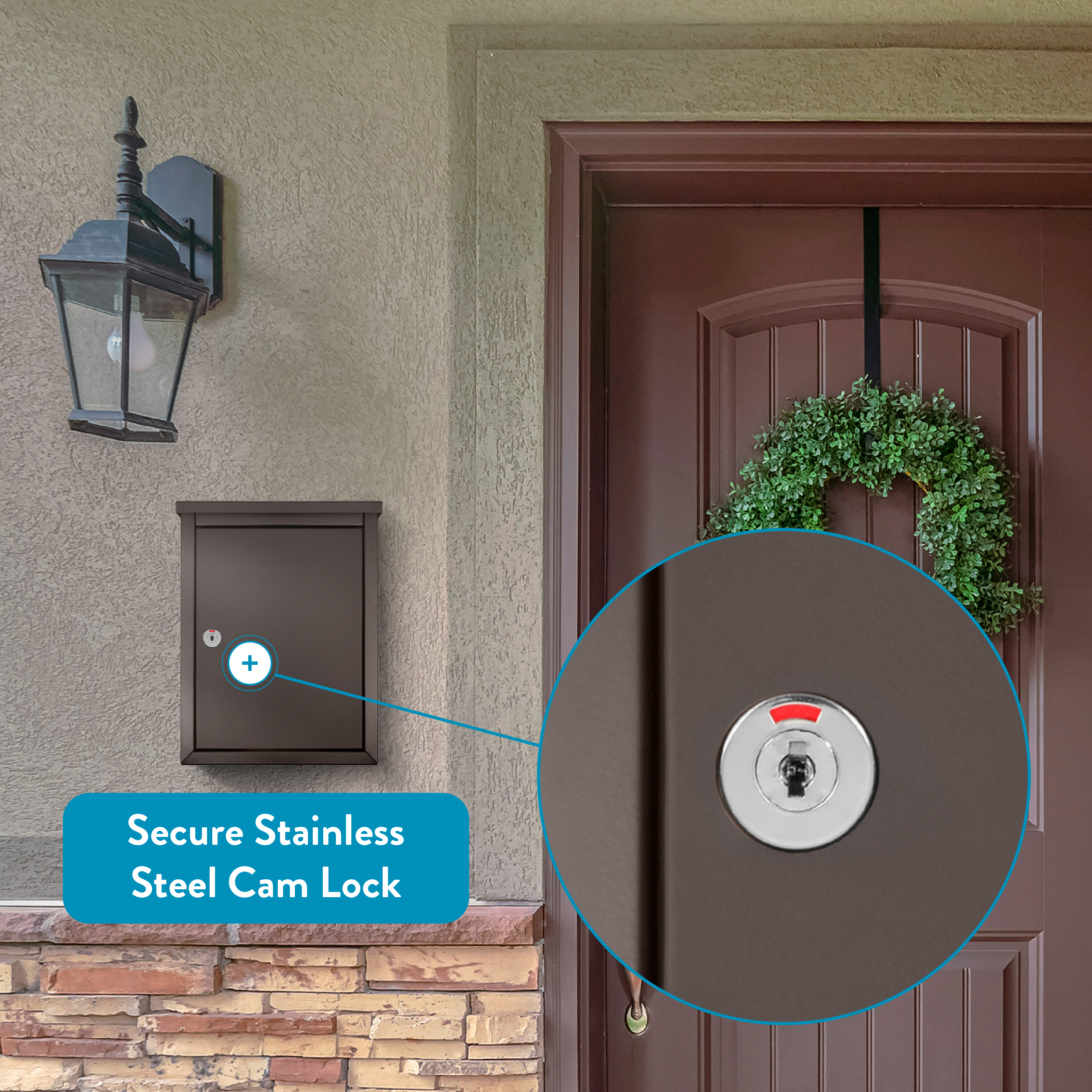 Front door with a wreath; close-up of a secure stainless steel cam lock on the door, with the overlay text 'Secure Stainless Steel Cam Lock' visible.