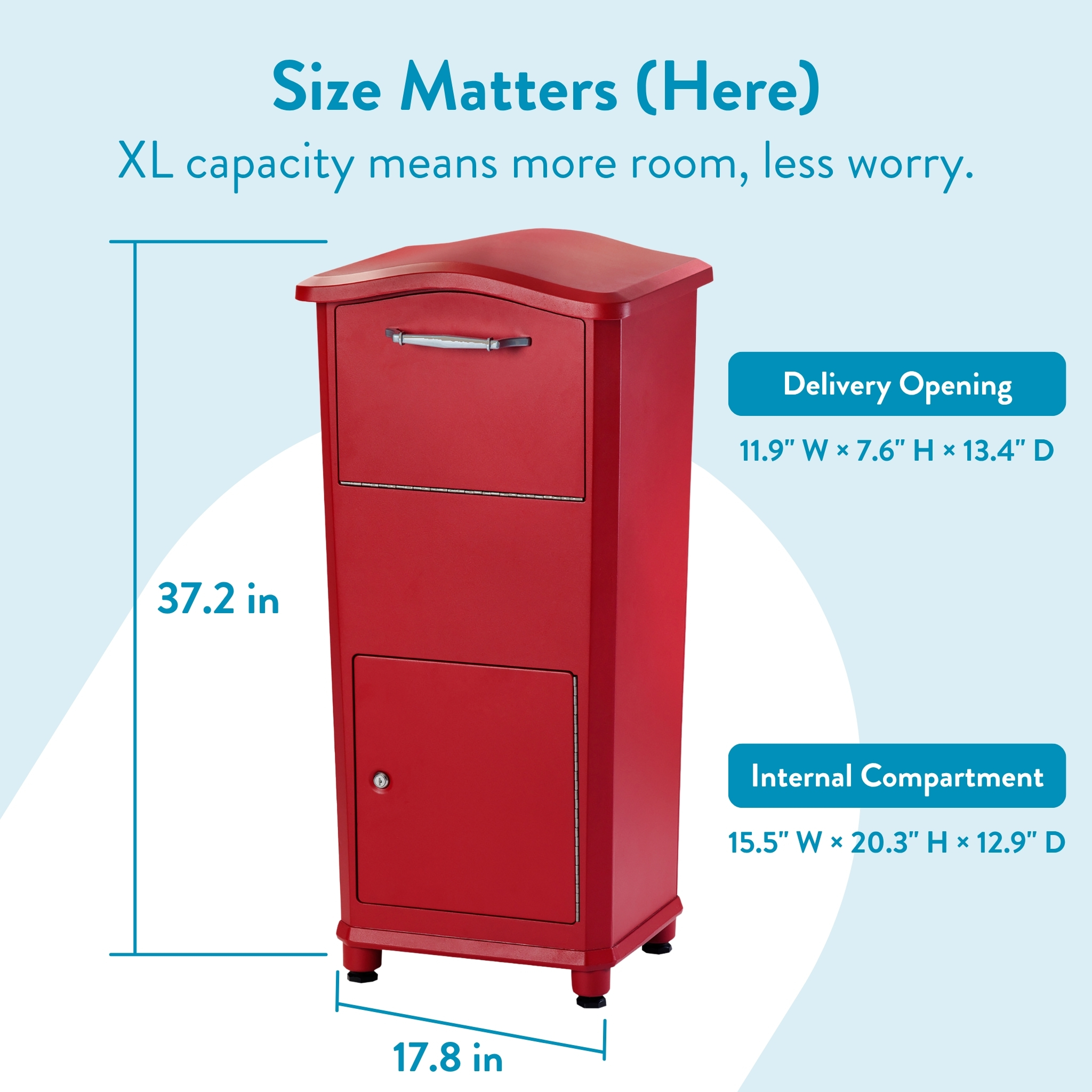 Red outdoor mailbox shown with dimension lines and numbers, highlighting its size and width/height measurements as part of a product diagram.