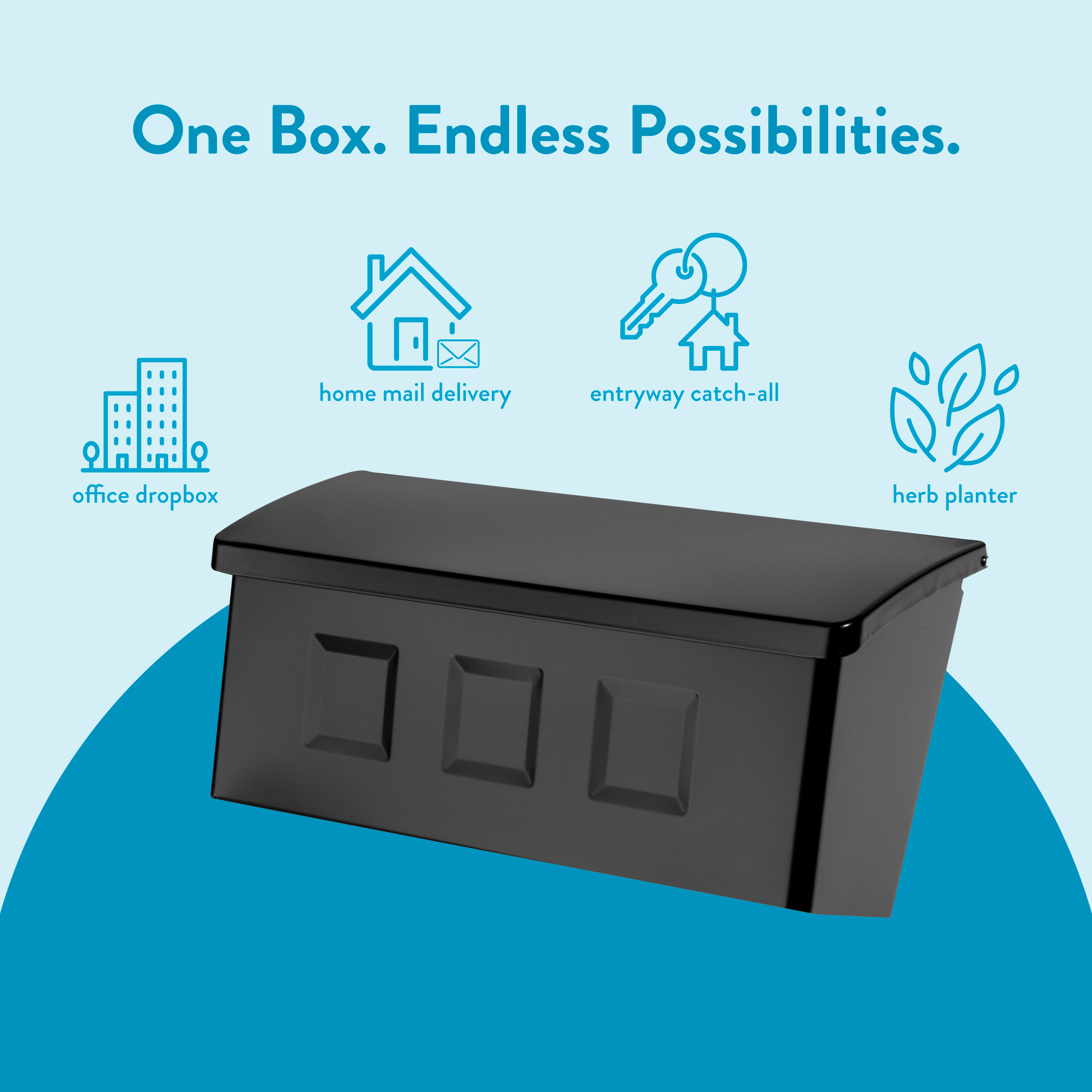 Hero banner showing a black storage box with the slogan 'One Box. Endless Possibilities.' and icons for office dropbox, home mail delivery, entryway catch-all, and herb planter on a light blue background.