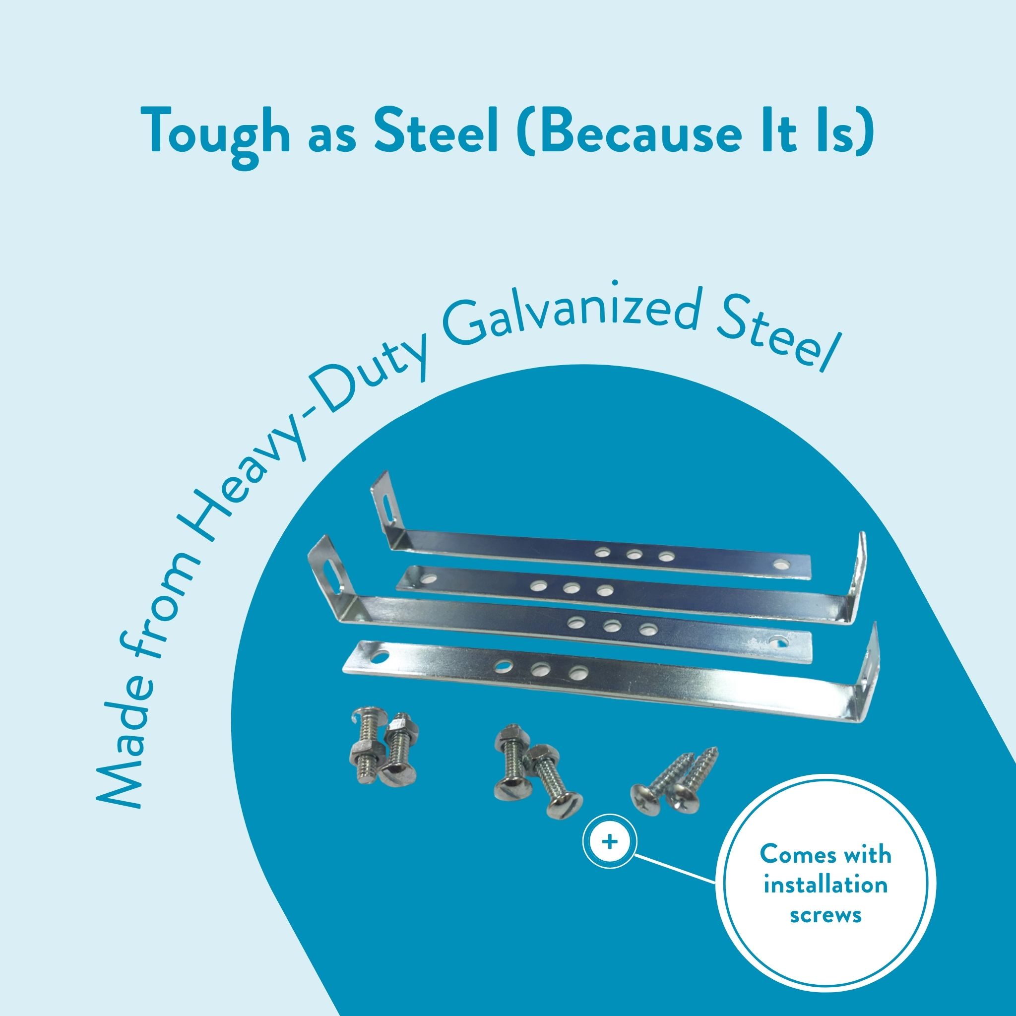 Product image showing heavy-duty galvanized steel brackets with screws; advertises a mounting hardware kit with included installation screws and curved headline text above.