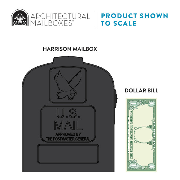 Product illustration showing Harrison Mailbox with a one-dollar bill for scale, branding at top.
