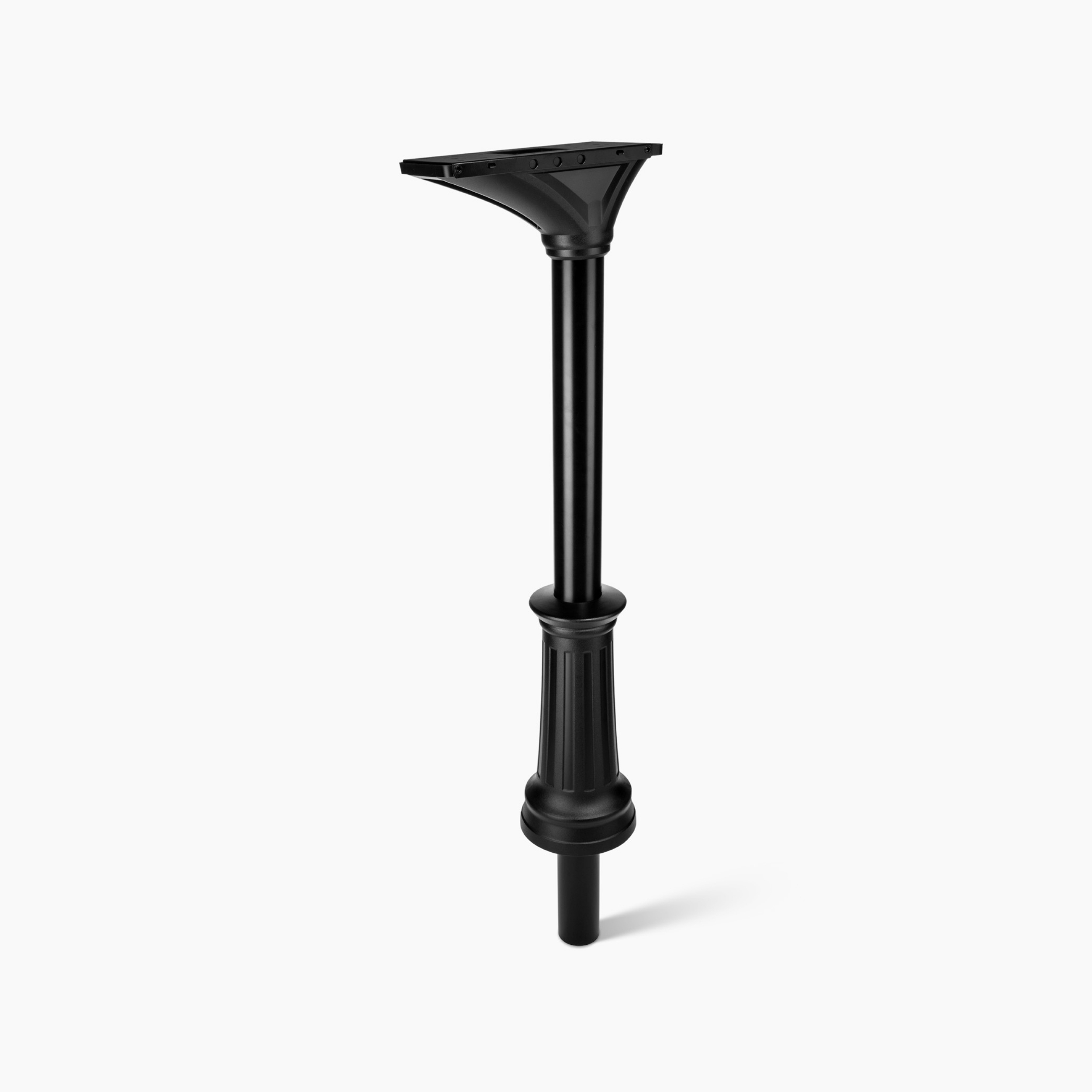 Black adjustable pedestal with a flat mounting plate at the top, standing upright on a rounded base.