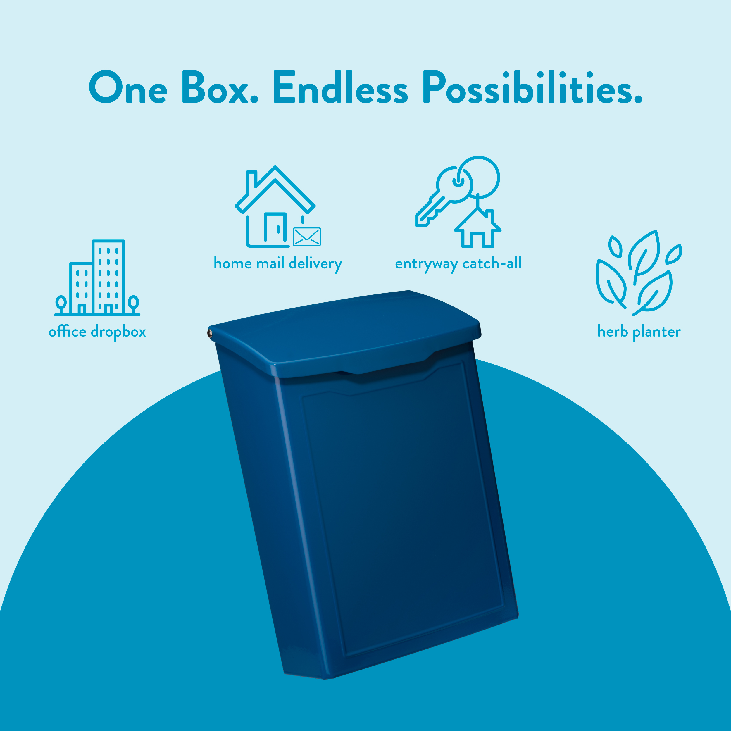 Blue utility bin tilted on a blue arc with the slogan 'One Box. Endless Possibilities.' and icons for office dropbox, home mail delivery, entryway catch-all, and herb planter.